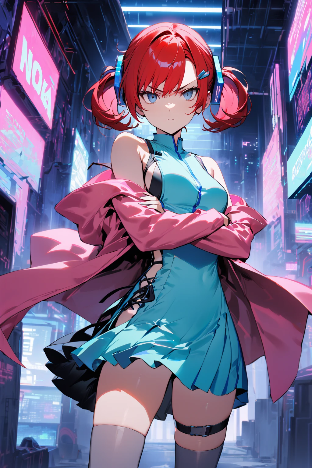 masterpiece,best quality,1girl,dscs-nokia,short hair,red hair,short twintails,hair ornament,sideless dress,aqua dress,pink jacket,gray thighhighs,thigh strap,standing,(crossed arms),legs apart,serious,wind,looking at viewer,cyberspace,blue neon lights,cowboy shot,