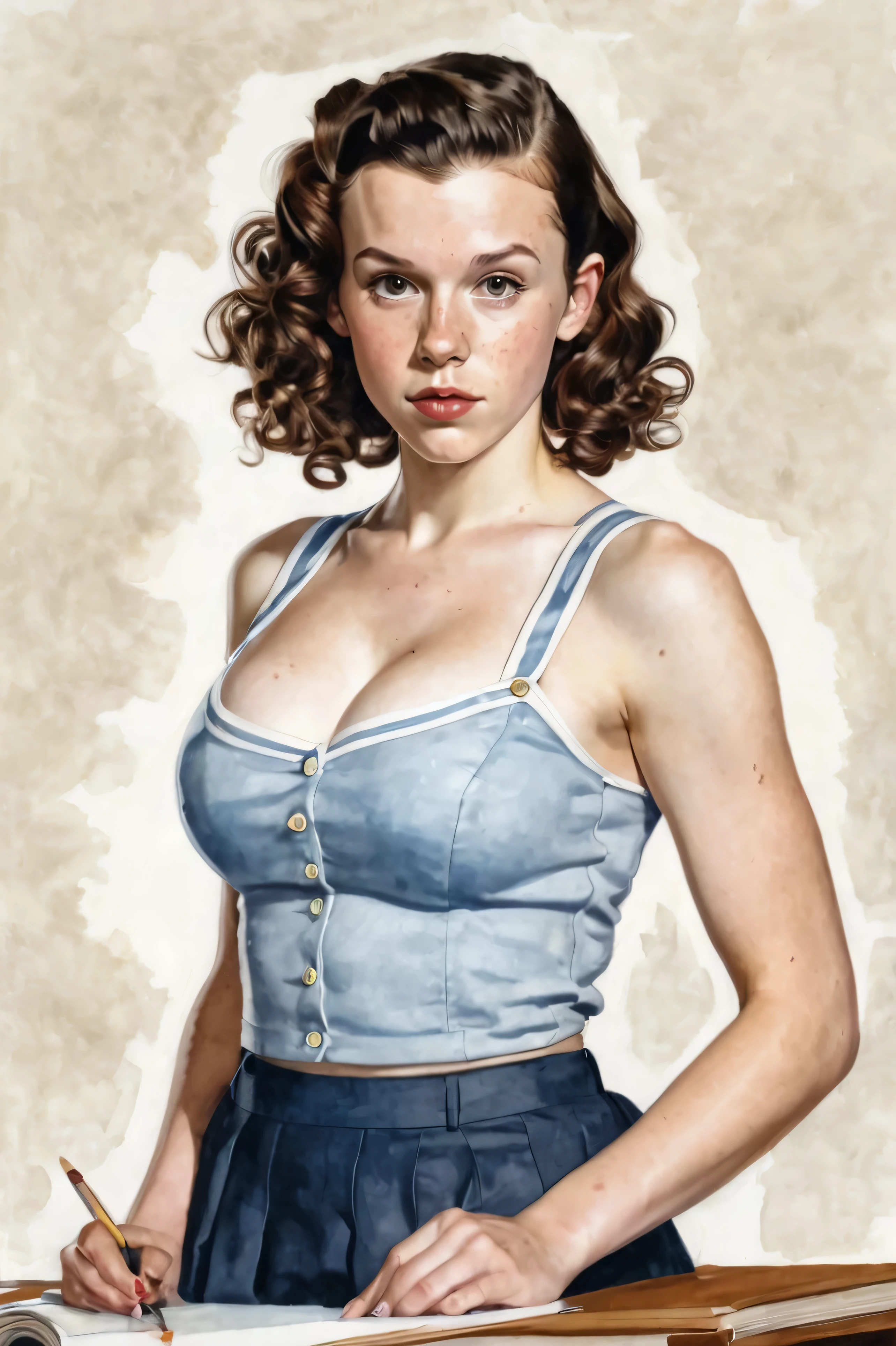 watercolor painting of ((high resolution)), skinny, pale skin, freckled, muscular, Millie Bobby Brown, ((huge breasts:1.5)), breasts exposed:1.5, long curly hair, as a girl, in class, in the style of norman rockwell