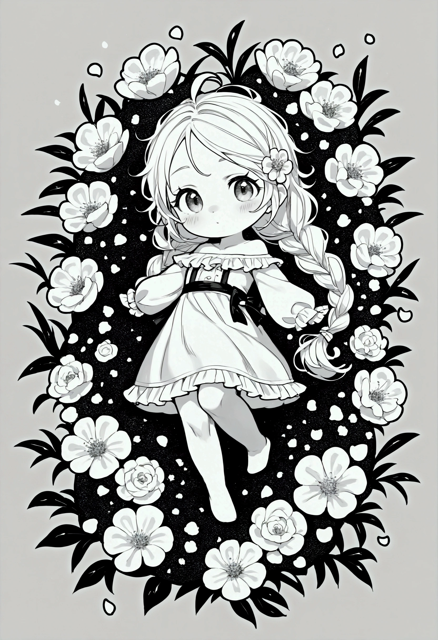 solo,1female\(chibi,cute,kawaii,age of 10,hair color white,braid hair,messy hair,eye color gray,big eyes,white skin,(monochrome:1.2),lean on,(full body:1.6)\),background\((many beautiful flowers and petal:1.4),messy tiny room\),(double exposure:1.5).score_9, score_8_up, score_7_up, score_6_up, score_5_up, score_4_up, source_anime,source_furry,rating_safe,rating_questionable,masterpiece, best quality, perfect anatomy , very aesthetic , absurdres,