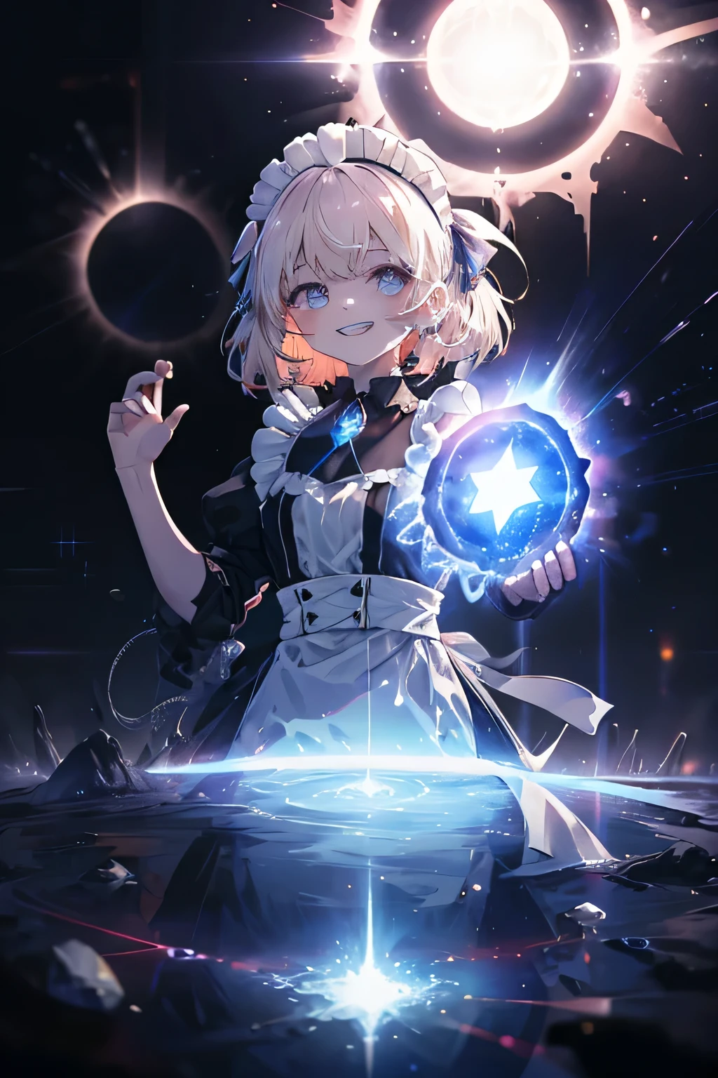 maid with headpiece girl smiling (Showing the teeth),(aura),  a shadow that stalks her willing to engulf her,  unknown background, (8 dimensions ), ( with a portal in the sky ),Cosmic Essence ,  the Sun is very radiant and with a strong breeze, The hands are almost hologram ,  the girl appears as a hologram , constellation maid 