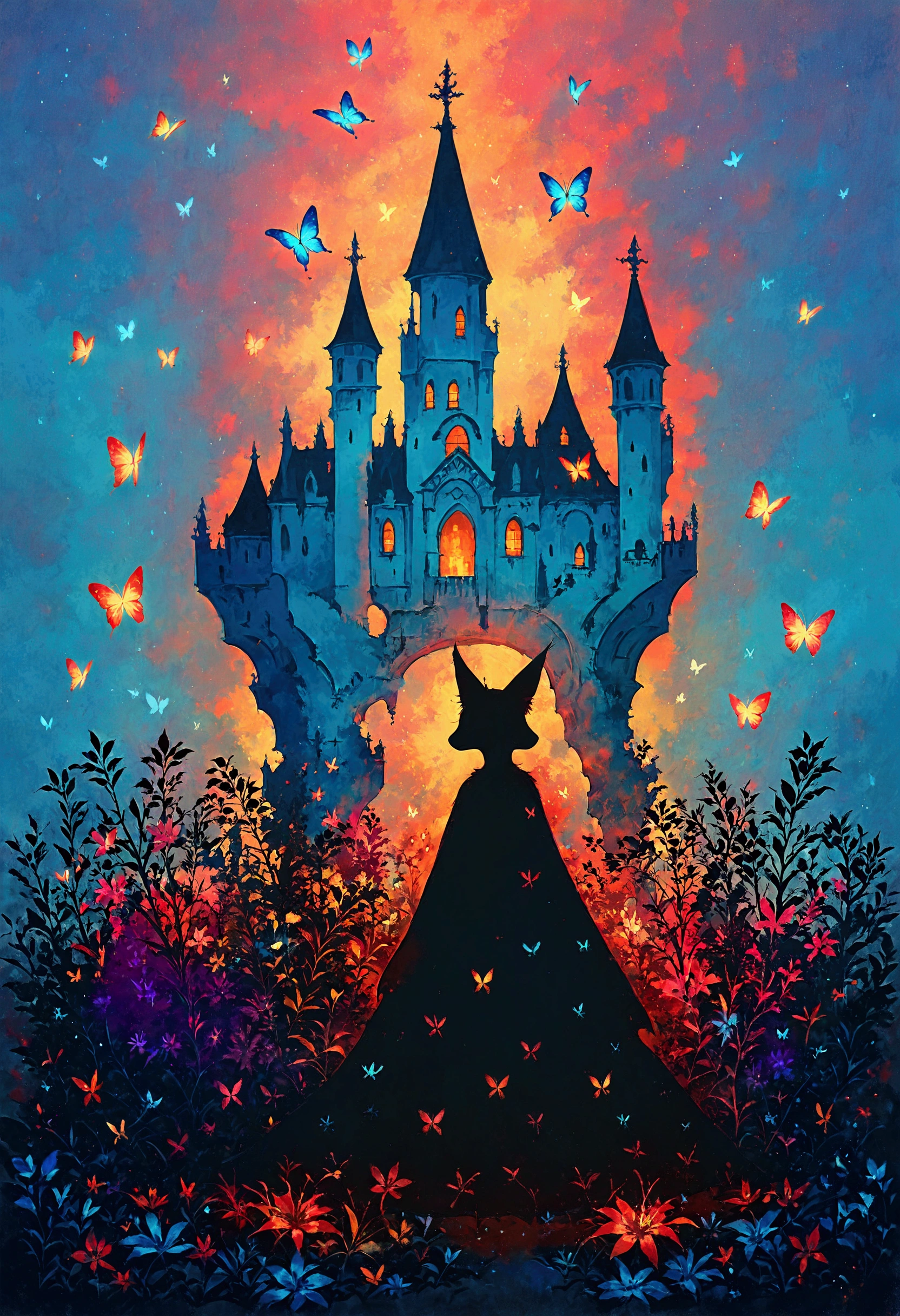 a very beautiful castle/(full body/),colorful butterflies,many flowers and petals,colorful,pastel color,.score_9, score_8_up, score_7_up, score_6_up, score_5_up, score_4_up, source_anime,source_furry,rating_safe,rating_questionable,masterpiece, best quality, perfect anatomy , very aesthetic , absurdres ,