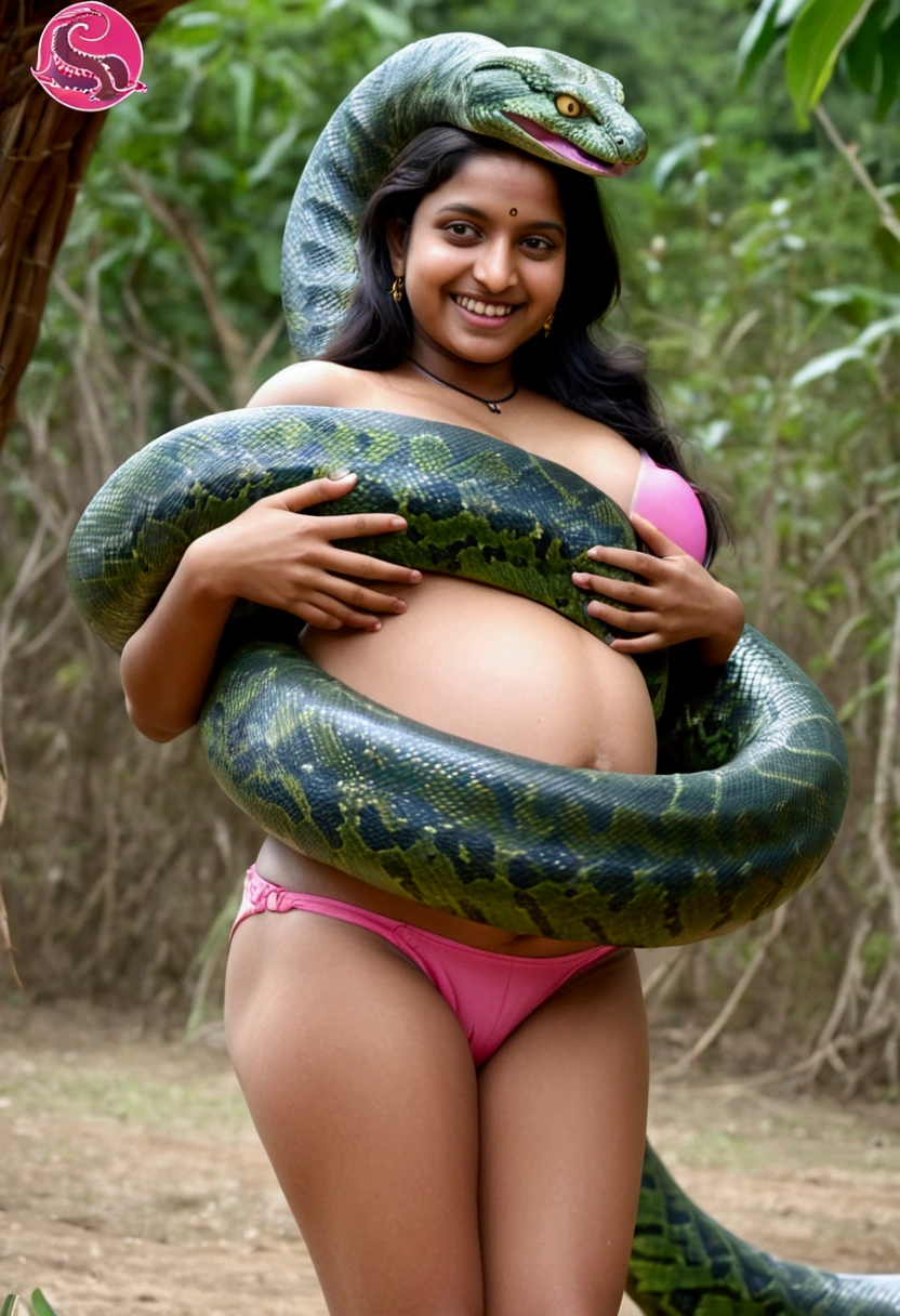 Pregnant topless aroused  horny beautiful smiling happy very young indian teen village girl  wearing pink thong vs Giant green colossal kaa   monster wrapped around her body squeezing her in coiled embrace cuddling and kissing sexual erotic bestiality sex realistic in the village snake pit full body, best quality wet  nsfw  mating raw uncensored nsfw