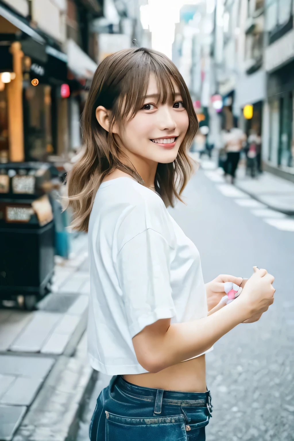 (Cinematic Aesthetics :1.4)  a blurred urban noon image of a beautiful japanese fashion model, color T-shirts,  smile