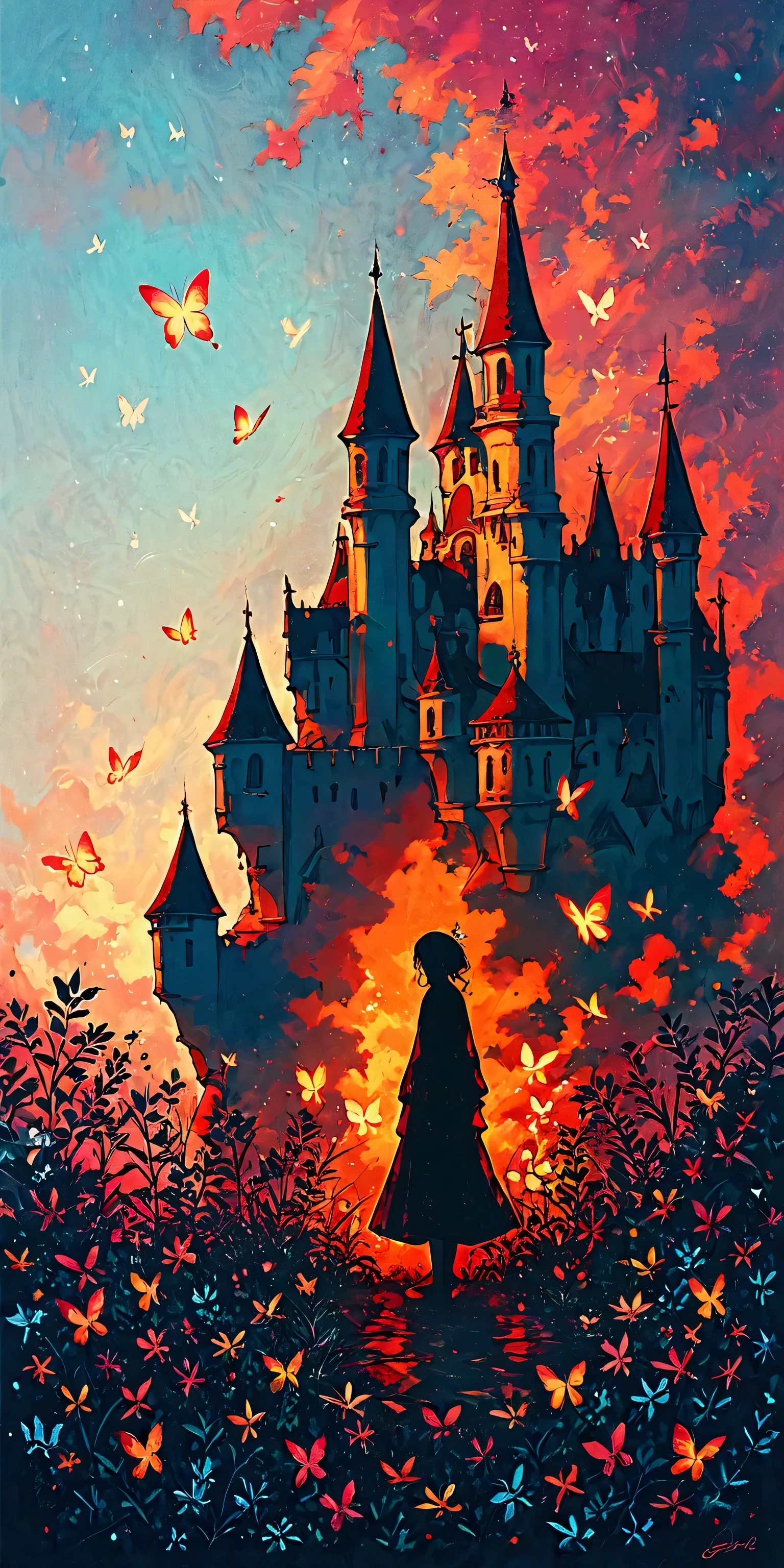 a very beautiful castle/(full body/),colorful butterflies,many flowers and petals,colorful,pastel color,vivid color.score_9, score_8_up, score_7_up, score_6_up, score_5_up, score_4_up, source_anime,source_furry,rating_safe,rating_questionable,masterpiece, best quality, perfect anatomy , very aesthetic , absurdres ,