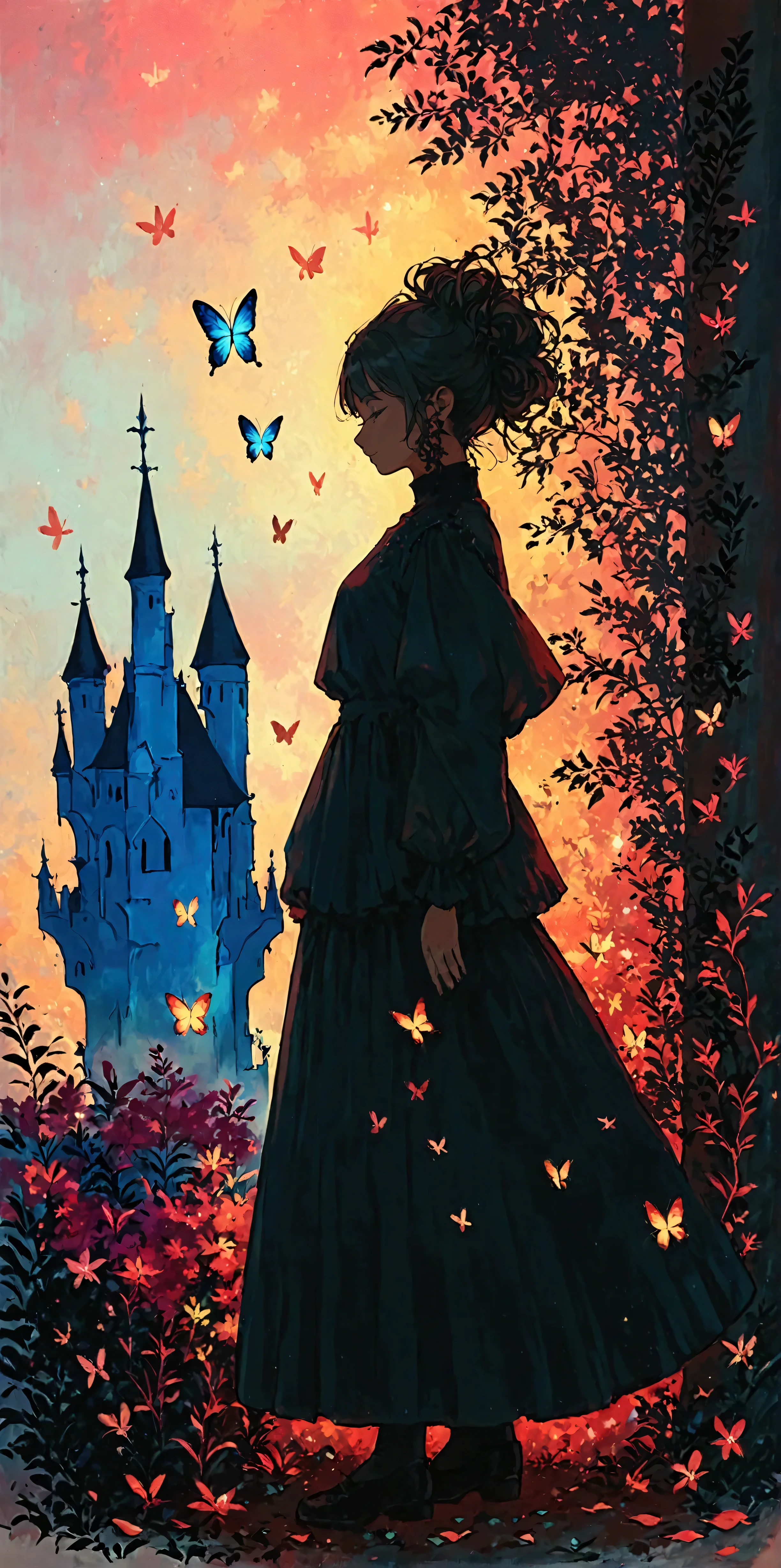 a very beautiful castle/(full body/),colorful butterflies,many flowers and petals,colorful,pastel color,vivid color.score_9, score_8_up, score_7_up, score_6_up, score_5_up, score_4_up, source_anime,source_furry,rating_safe,rating_questionable,masterpiece, best quality, perfect anatomy , very aesthetic , absurdres ,