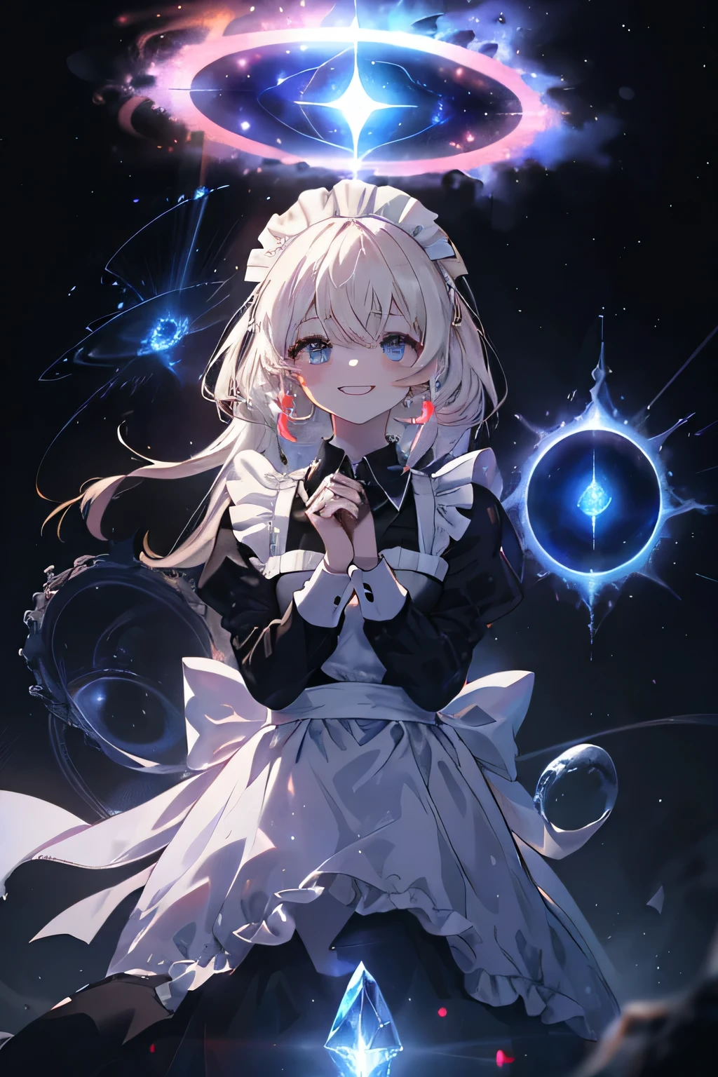 maid with headpiece girl smiling  (Showing the teeth),(aura), Shadow that engulfs her,  unknown background, (8 dimensions ), ( with a portal in the sky ),Cosmic Essence ,  the Sun is very radiant and with a strong breeze, The hands are almost hologram ,  the girl appears as a hologram , constellation maid 