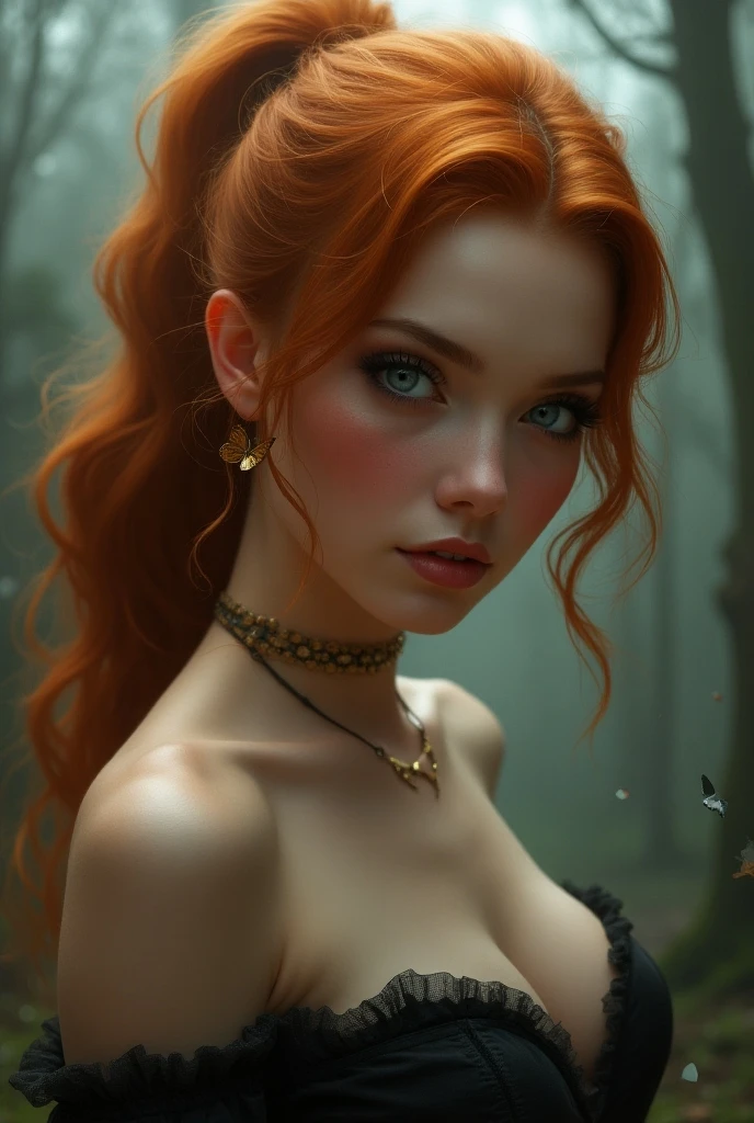 Red-haired woman with wolf ears and tail, with thin arms but with strength, with very short hair and clothes with a more forest atmosphere but a little sweeter
