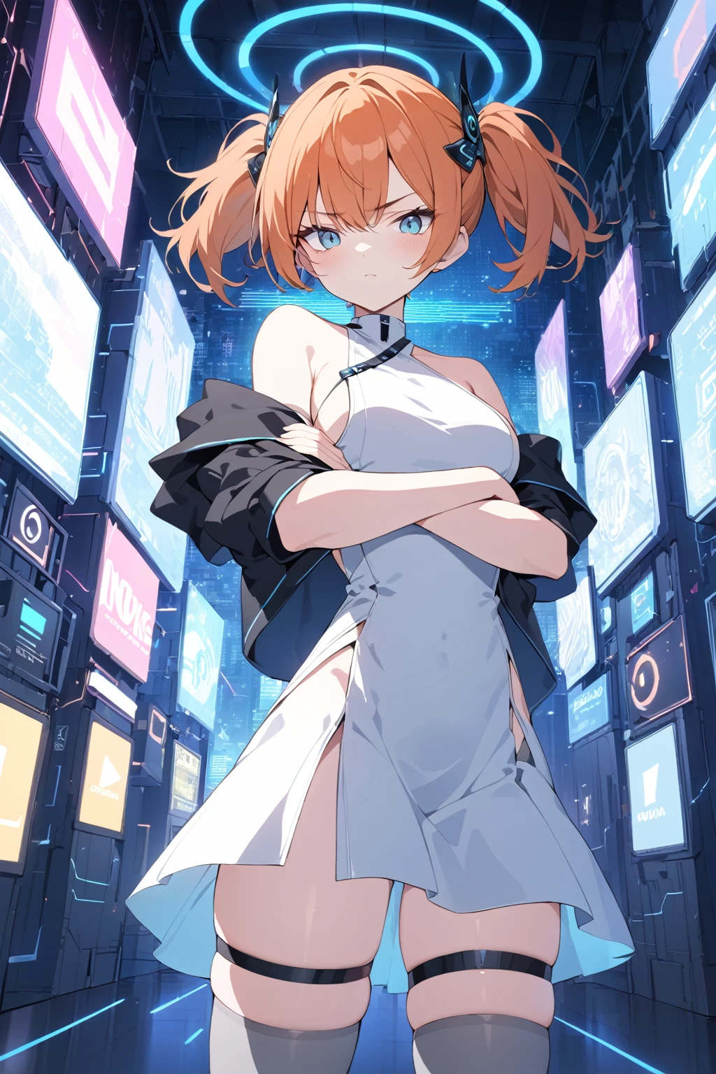 masterpiece,best quality,1girl,dscs-nokia,short hair,orange hair,short twintails,hair ornament,sideless dress with black decoration,white dress,gray thighhighs,thigh strap,standing,(crossed arms),legs apart,serious,wind,looking at viewer,cyberspace,blue neon lights,cowboy shot,((bare shoulder)),