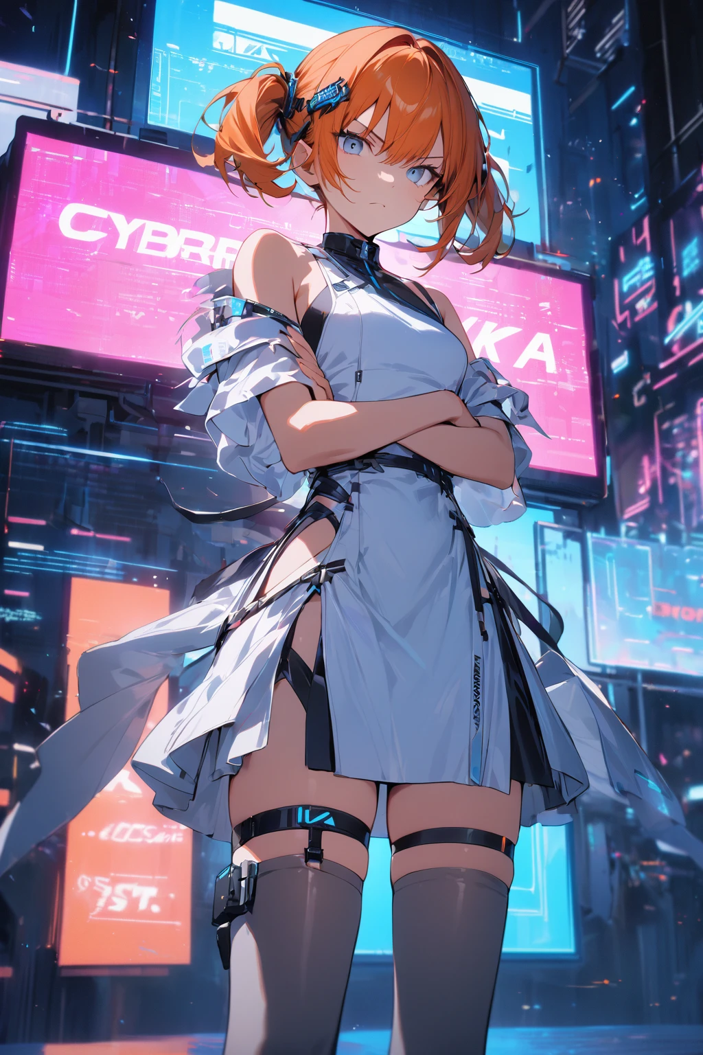 masterpiece,best quality,1girl,dscs-nokia,short hair,orange hair,short twintails,hair ornament,sideless dress,white dress with black decoration,gray thighhighs,thigh strap,standing,(crossed arms),legs apart,serious,wind,looking at viewer,cyberspace,blue neon lights,cowboy shot,((bare shoulder)),