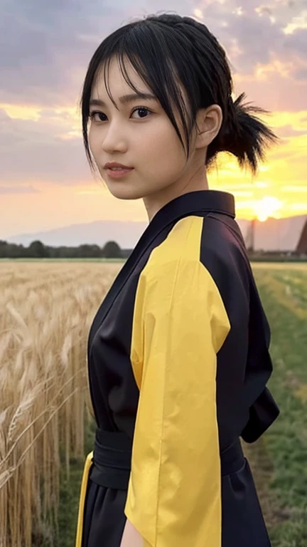  A girl in a kimono is expressionless and stands in a wheat field soaked to her waist, Black kimono with gold borders, Hair tied in a ponytail,  yellow eyes, The sunset in her eyes, The light hits her face, Half landscape orientation to the camera