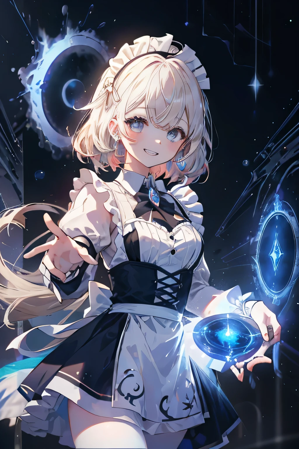 maid with headpiece girl smiling  (Showing the teeth),(aura), Shadow that engulf her, unknown background , (8 dimensions ), ( with a portal in the sky ),Cosmic Essence ,  the Sun is very radiant and with a strong breeze, The hands are almost hologram ,  the girl appears as a hologram , constellation maid 