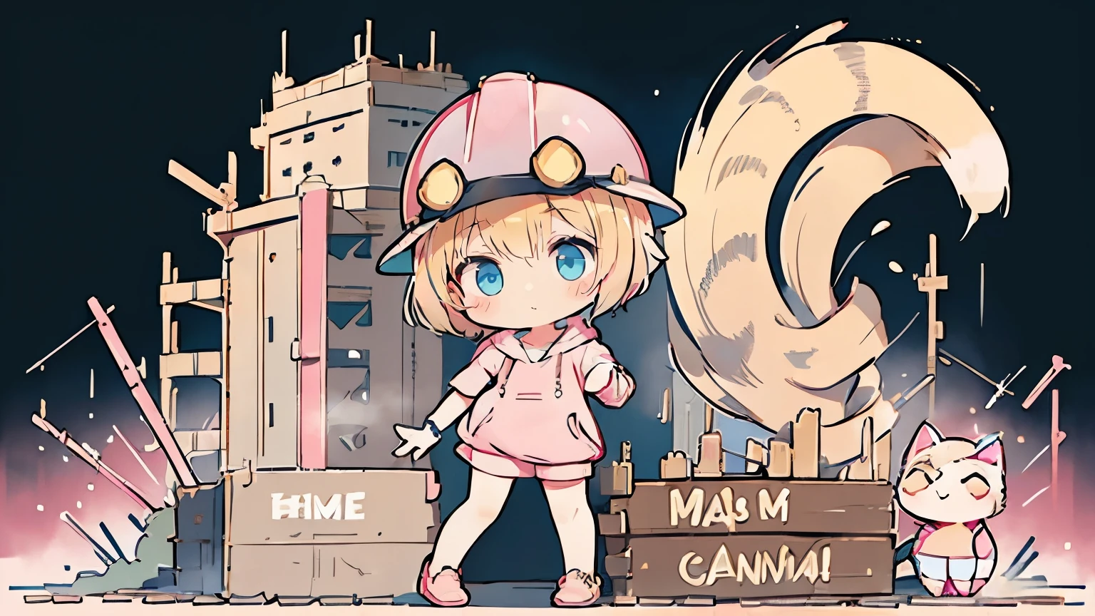 (steam locomotive:1.6), (solo:1.8), (construction helmet:1.8), (full body:1.8), Blonde hair, (Graduation short hair:1.6), a girl in a pink hoodie, short hair, turquoise blue eyes, big white hair ornament, (Blonde cat ears:1.6), (pink hoodie:1.8), denim shorts, black sneakers, Girl at the construction site, 

(High resolution,4K,highest quality:1.2),Very detailed,(Realistic:1.37),Large construction site,Professional,Industrial Lighting,Vibrant colors,

[Construction worker], [Urban], [Dynamic pose], [A powerful method], [Safeguards], [concrete], [crane], [Dust and debris], [Blueprint], [Construction Machinery], [Steel beam], [Helmet], [Work gloves], [scaffold], [Construction site signage], [Noise and activity], [Yellow caution tape], [Sunlight and shadow], [Busy workers], [Dirt and mud], [Construction Vehicles], [Diligent]

このProfessionalンプトが、We hope it helps you create beautiful, detailed images of girls working on construction sites.。.