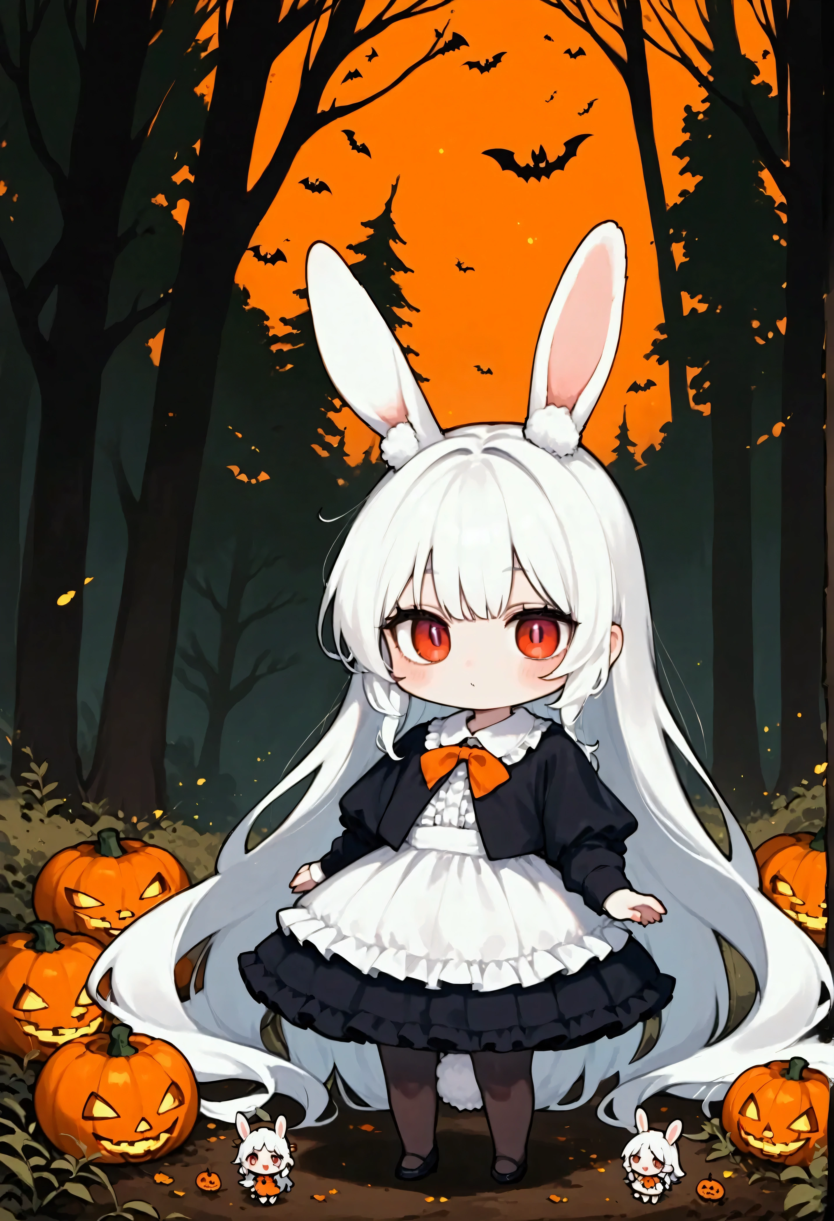 (solo:1.2),1girl\((chibi:1.6),cute,kawaii,small ,(white hair:1.7),(very long hair:1.7),bangs,(ear\(fluffy white bunny-ear\):1.4),(1 bunny tail:1.3),(red eye),big eye,beautiful shiny eye,skin color white,big hairbow,(white frilled dress:1.3),breast, (wearing jack-o'-lantern1.4)\).,background\(dark woods, dead trees, horror mood, Halloween night\).score_9, score_8_up, score_7_up, score_6_up, score_5_up, score_4_up, source_anime,source_furry,rating_safe,rating_questionable,masterpiece, best quality, perfect anatomy , very aesthetic , absurdres