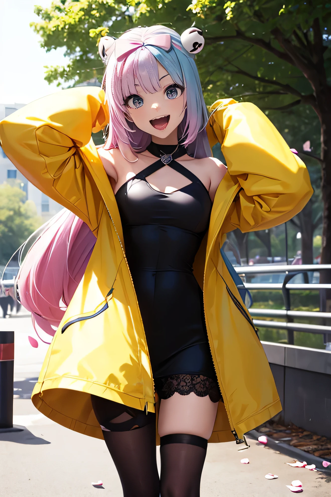 score_9, score_8_up, score_7_up, score_6_up, score_5_up, score_4_up, source_anime, aaiono, long hair, multicolored hair, bow-shaped hair, hair ornament, gradient eyes, sharp teeth, halterneck, sleeveless, yellow jacket, very long sleeves, sleeves past wrists, thigh strap, single leg pantyhose, grey pantyhose, standing, cowboy shot, reaching, outdoors, park, petals, smile, open mouth,