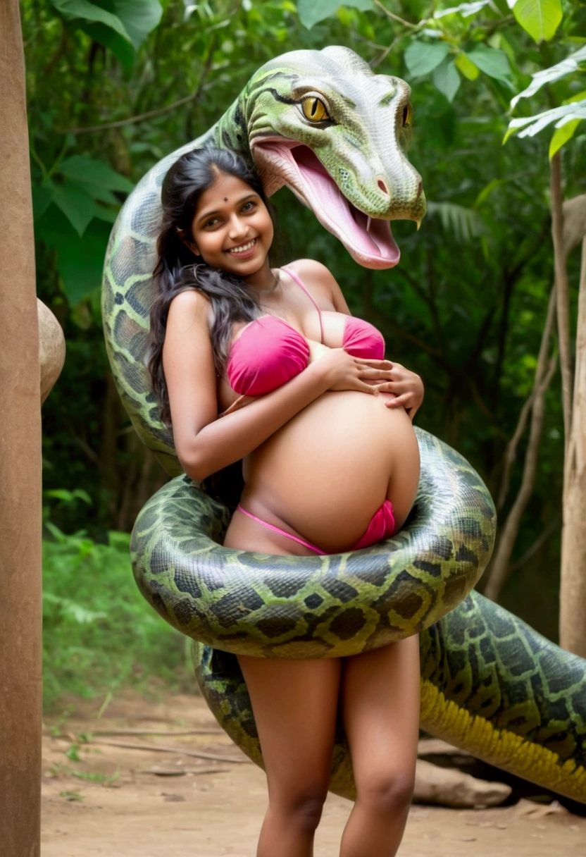 Pregnant topless aroused  horny beautiful smiling happy very young indian teen village girl  wearing pink thong vs Giant green colossal kaa   monster wrapped around her body squeezing her in coiled embrace cuddling and kissing sexual erotic bestiality sex realistic in the village snake pit full body, best quality wet  nsfw  mating raw uncensored nsfw