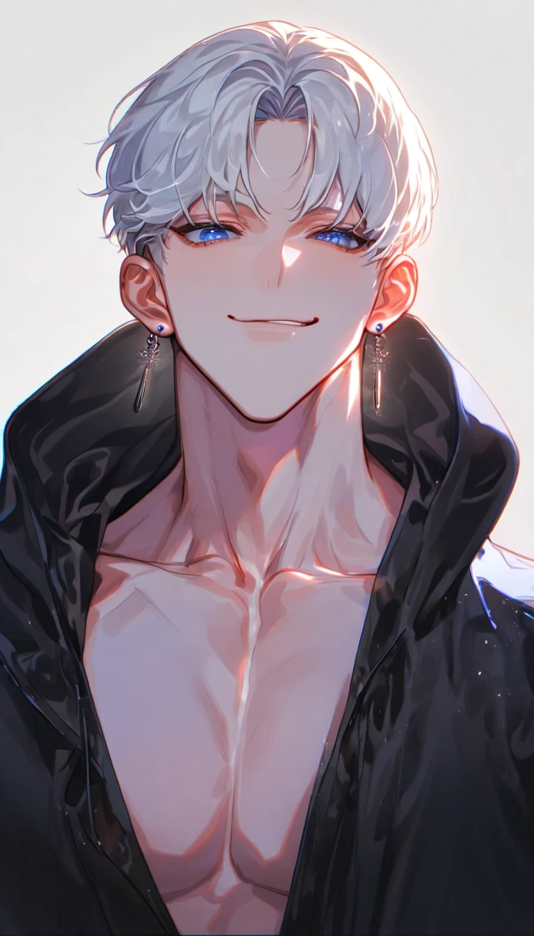 absurdres, highres, ultra detailed, HDR, master piece, best quality, extremely detailed face, delicated features, Jaehwan , White hair, short hair, no fringe, without bangs, handsome hair, cool blue eyes, The World After The Fall, Alone, sexy boy, Sensual, Young face, smirking, Private clothes in a black hoodie, cold, Transparent, black, Boyfriend, Pierce, earring, cute boy, Draw a large background, From the side, anime,  KPOP model ,  simple room, 4K