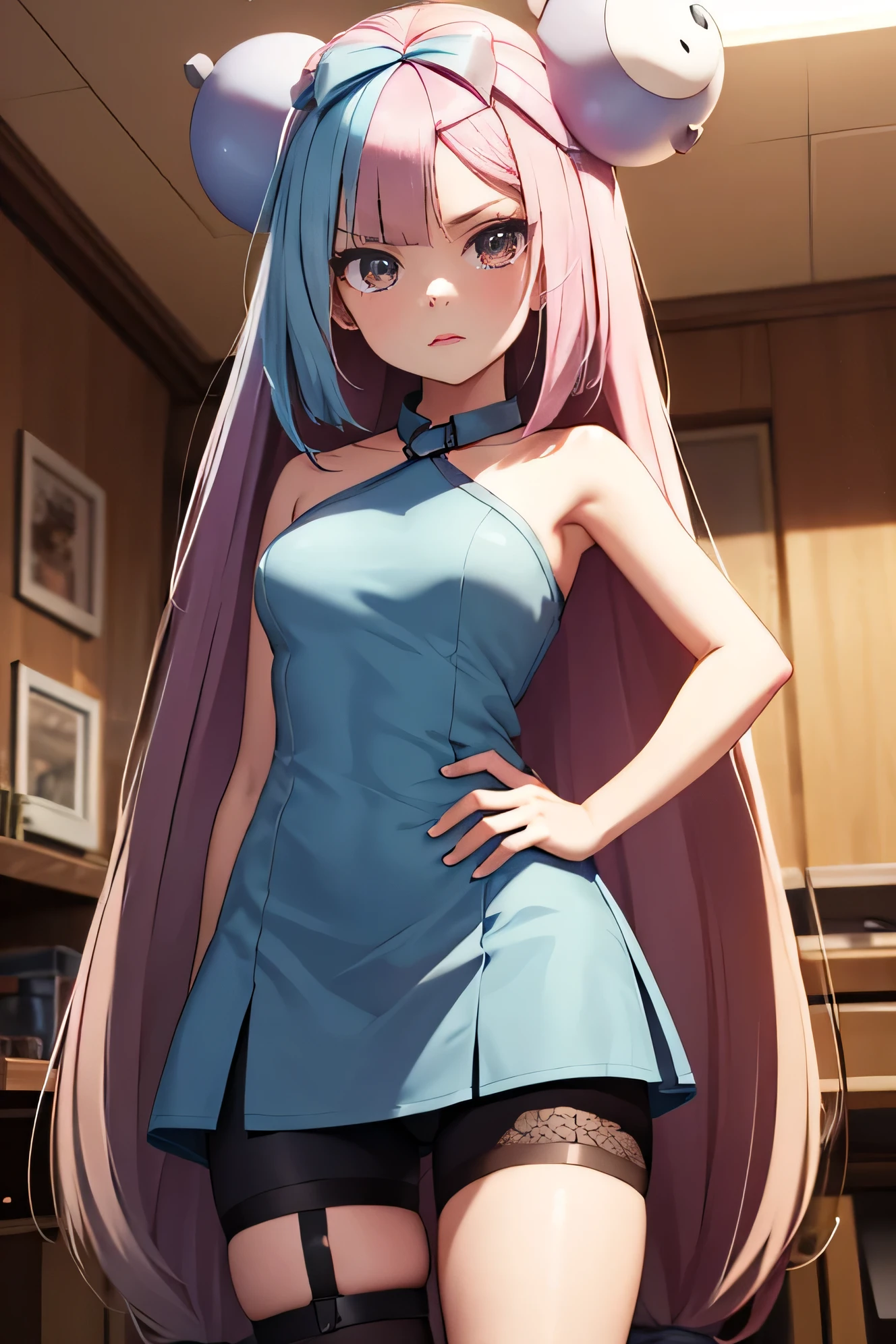 score_9, score_8_up, score_7_up, score_6_up, score_5_up, score_4_up, source_anime, aaiono, long hair, multicolored hair, bow-shaped hair, hair ornament, gradient eyes, sharp teeth, breasts, halterneck, grey dress, sleeveless, bare arms, bike shorts, shorts under dress, thigh strap, single leg pantyhose, grey pantyhose, standing, cowboy shot, hands on own hips, indoors, pout, frown,