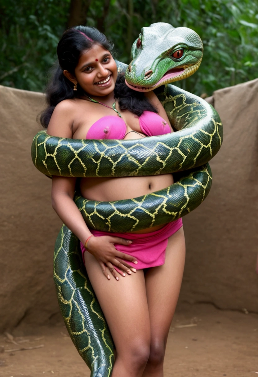 Pregnant topless aroused  horny beautiful smiling happy very young indian teen village girl  wearing pink thong vs Giant green colossal kaa   monster wrapped around her body squeezing her in coiled embrace cuddling and kissing sexual erotic bestiality sex realistic in the village snake pit full body, best quality wet  nsfw  mating raw uncensored nsfw