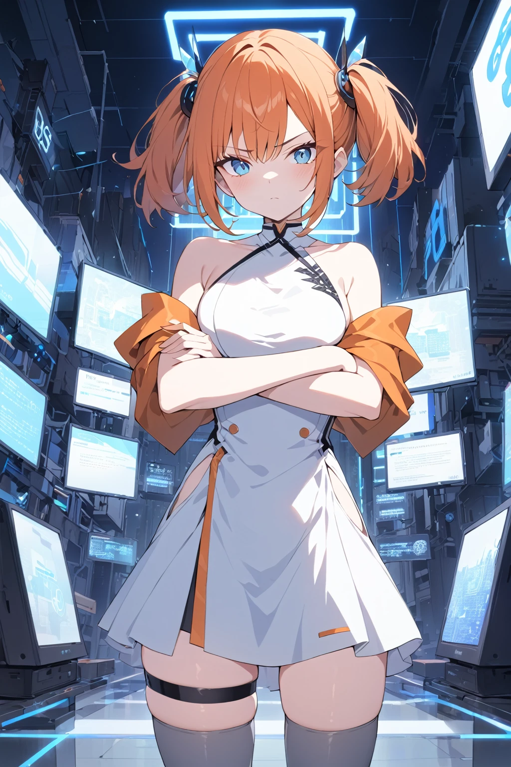 masterpiece,best quality,1girl,dscs-nokia,short hair,orange hair,short twintails,hair ornament,sideless dress with black decoration,white dress,gray thighhighs,thigh strap,standing,(crossed arms),legs apart,serious,wind,looking at viewer,cyberspace,blue neon lights,cowboy shot,((bare shoulder)),(bare arm),