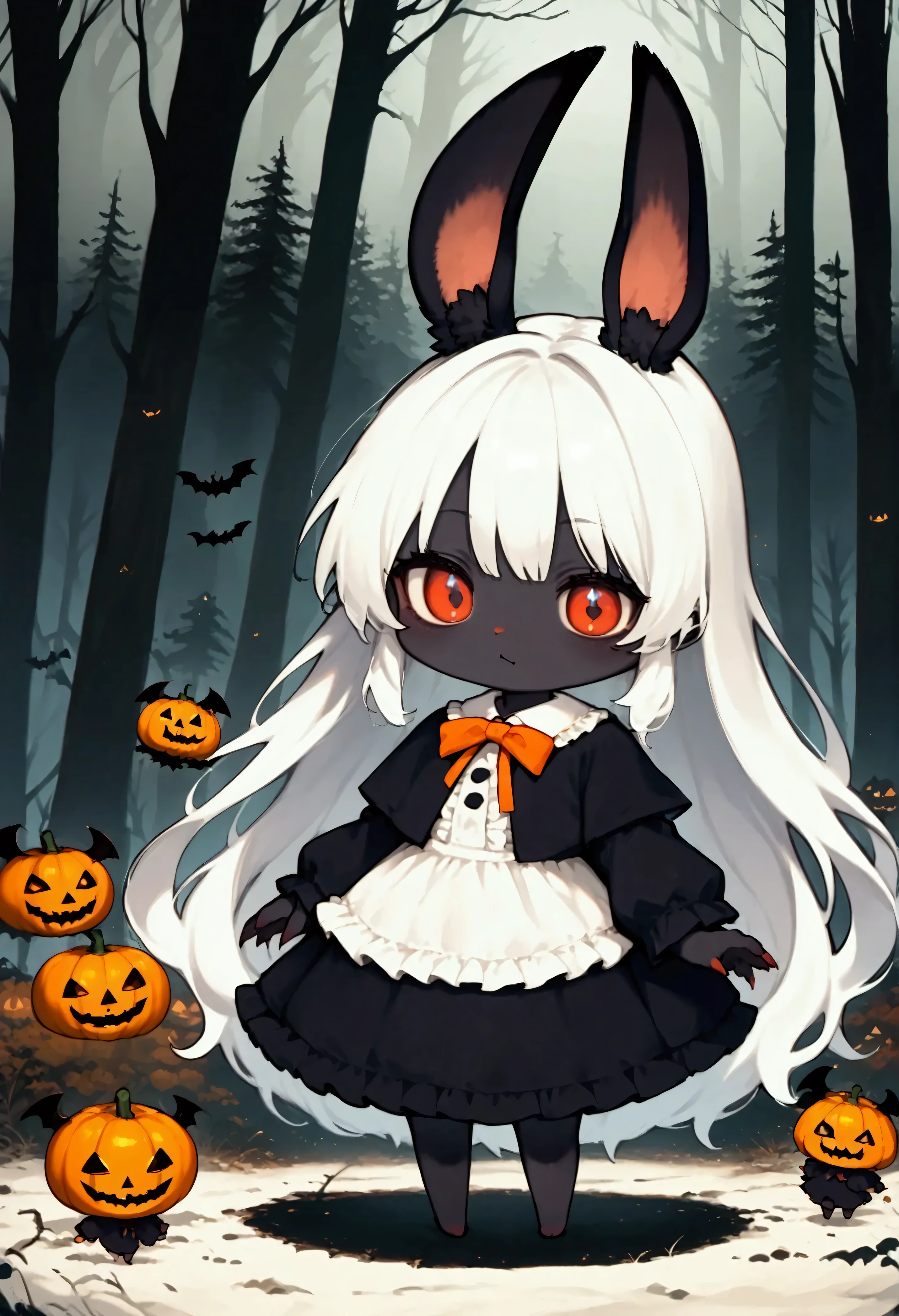 (solo:1.2),1girl\((chibi:1.6),cute,kawaii,small ,(white hair:1.7),(very long hair:1.7),bangs,(ear\(fluffy white bunny-ear\):1.4),(1 bunny tail:1.3),(red eye),big eye,beautiful shiny eye,skin color white,big hairbow,(white frilled dress:1.3),breast, (wearing jack-o'-lantern1.4)\).,background\(dark woods, dead trees, horror mood, Halloween night\).score_9, score_8_up, score_7_up, score_6_up, score_5_up, score_4_up, source_anime,source_furry,rating_safe,rating_questionable,masterpiece, best quality, perfect anatomy , very aesthetic , absurdres