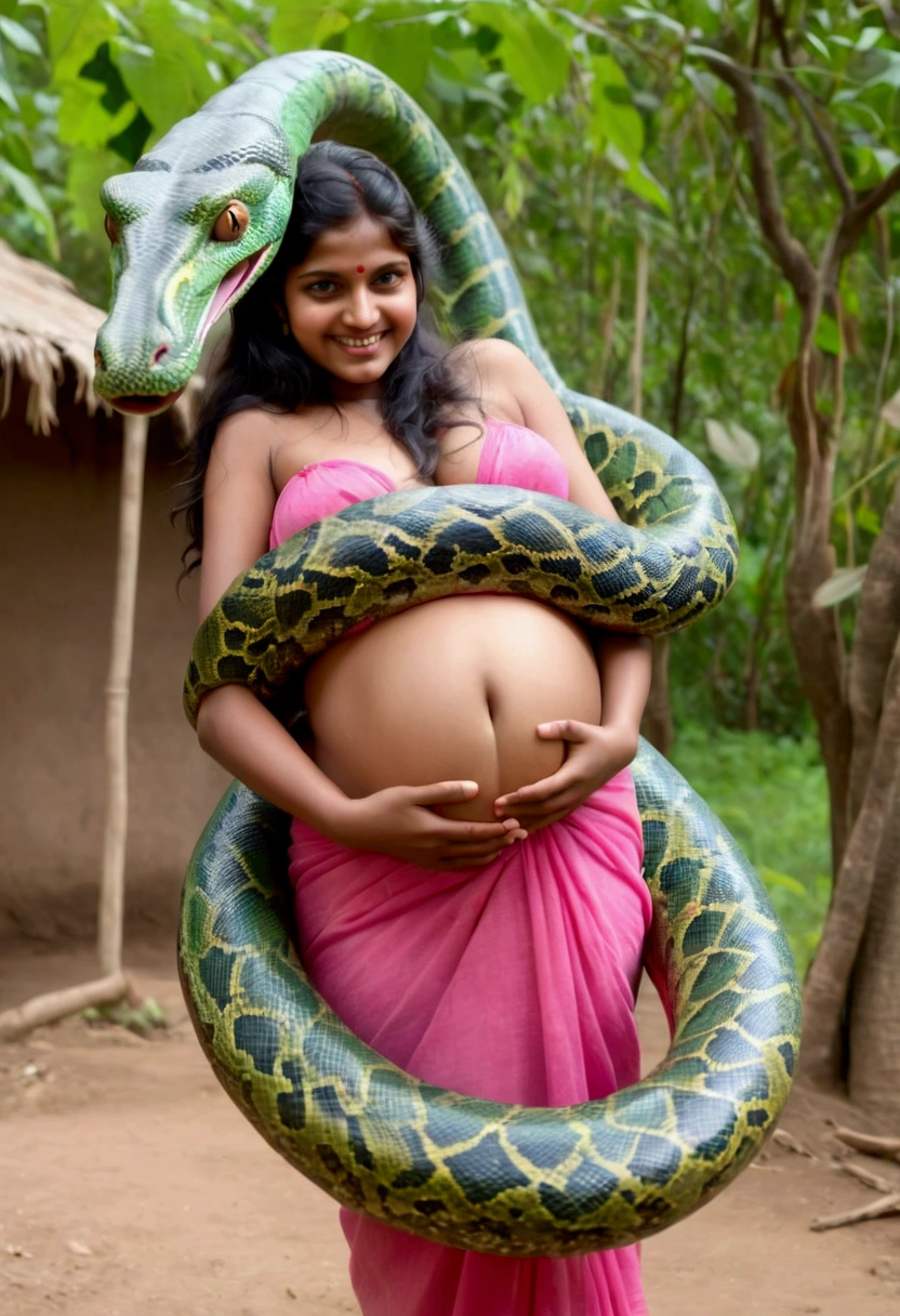 Pregnant topless aroused  horny beautiful smiling happy very young indian teen village girl  wearing pink thong vs Giant green colossal kaa   monster wrapped around her body squeezing her in coiled embrace cuddling and kissing sexual erotic bestiality sex realistic in the village snake pit full body, best quality wet  nsfw  mating raw uncensored nsfw