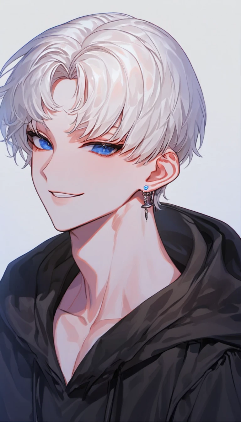 absurdres, highres, ultra detailed, HDR, master piece, best quality, extremely detailed face, delicated features, Jaehwan , White hair, short hair, no fringe, without bangs, handsome hair, cool blue eyes, The World After The Fall, Alone, sexy boy, Sensual, Young face, smirking, Private clothes in a black hoodie, cold, Transparent, black, Boyfriend, Pierce, earring, cute boy, Draw a large background, From the side, anime,  KPOP model ,  simple room, 4K