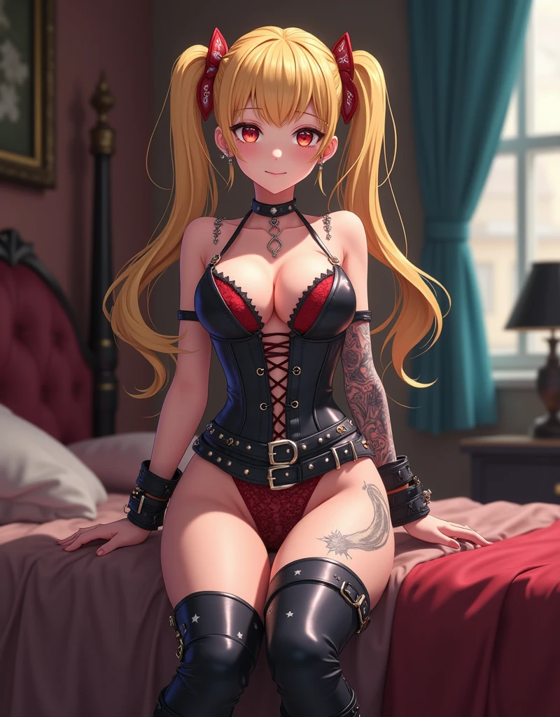 11-year-old beautiful girl wearing latex underwear, Panties and restraints,Lying on a midwifery bed,The chain is tied with iron chains, , Jade feet, Long hair, Blackface drooling eyes, Eyes of hope, ears of elf, Cat ears, Issuing, Cute tattoos,Large breasts,High-heeled boots