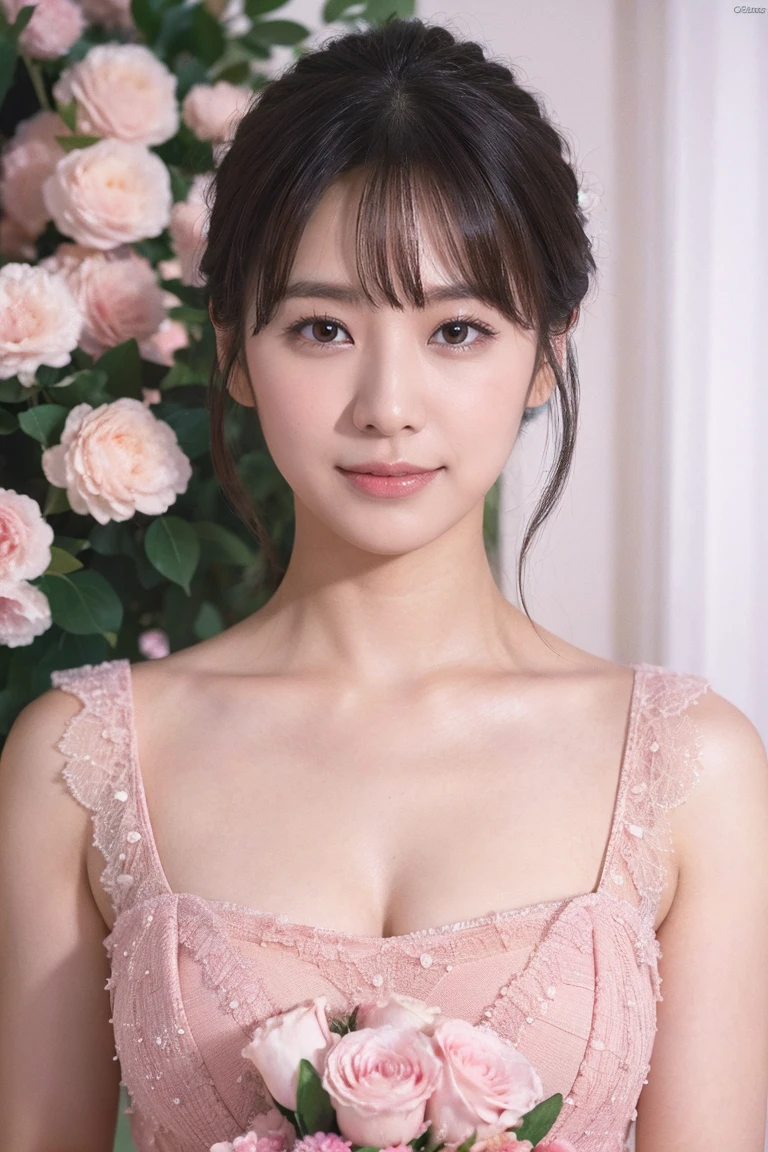 Medium size display,  Medium Shot ,  the depth of the boundary written ,  Bust,  upper body,  Cinematic Angle , masterpiece, Best Quality,  very detailed , CG, 8k wallpaper, Beautiful Face, Delicate Eyes, Otome, Alone, smile, bangs, Have, Pink Dot Color Dress, bow, petal, bouquet