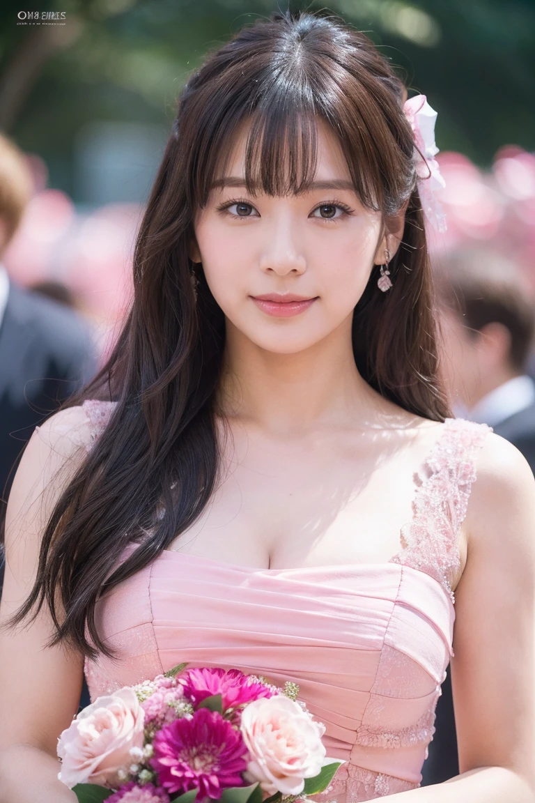 Medium size display,  Medium Shot ,  the depth of the boundary written ,  Bust,  upper body,  Cinematic Angle , masterpiece, Best Quality,  very detailed , CG, 8k wallpaper, Beautiful Face, Delicate Eyes, Otome, Alone, smile, bangs, Have, Pink Dot Color Dress, bow, petal, bouquet