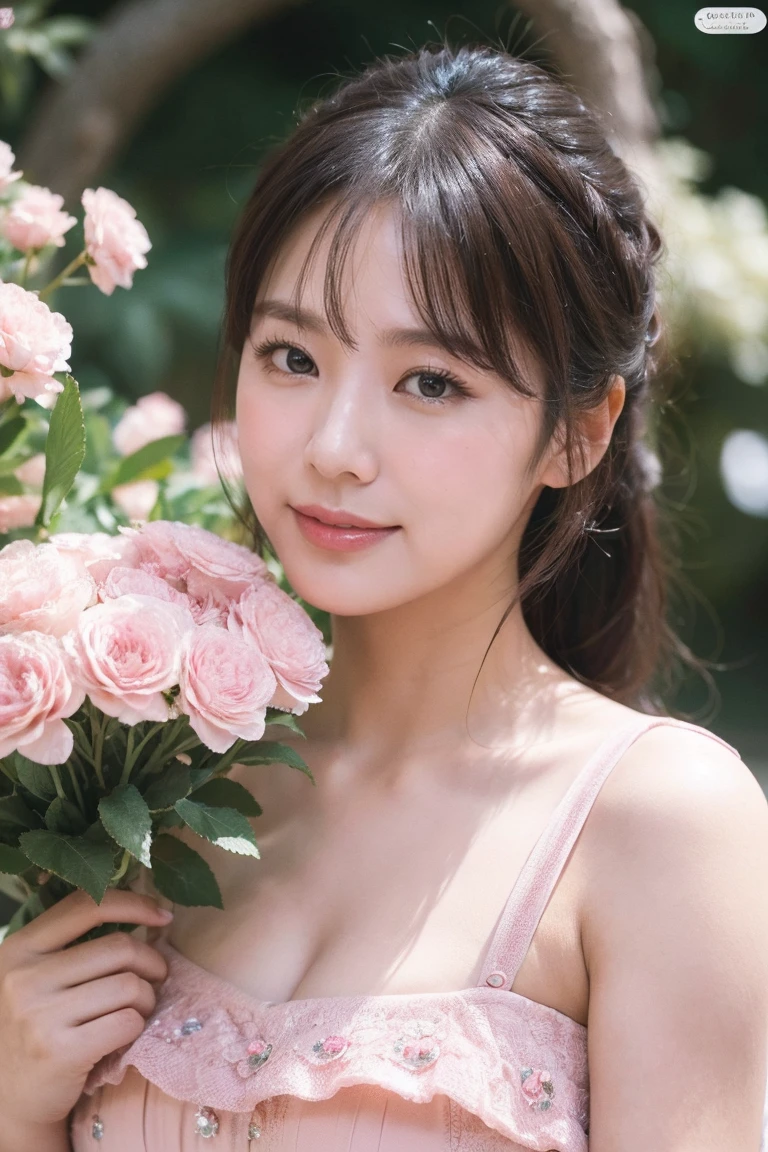 Medium size display,  Medium Shot ,  the depth of the boundary written ,  Bust,  upper body,  Cinematic Angle , masterpiece, Best Quality,  very detailed , CG, 8k wallpaper, Beautiful Face, Delicate Eyes, Otome, Alone, smile, bangs, Have, Pink Dot Color Dress, bow, petal, bouquet