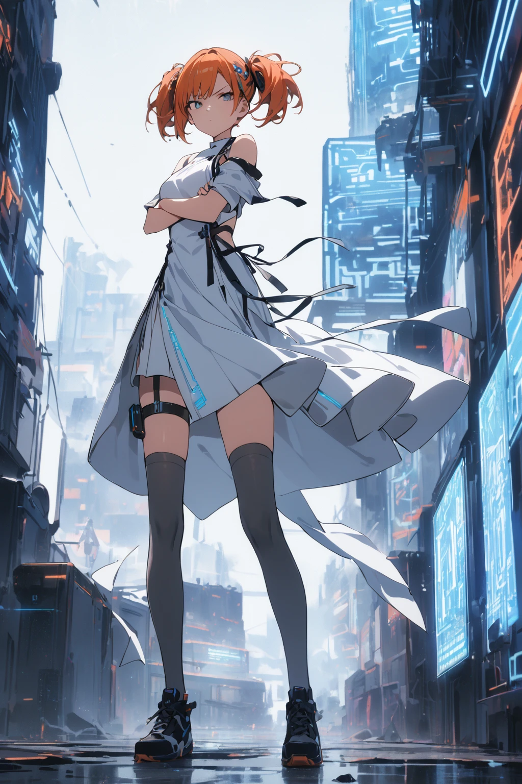 masterpiece,best quality,1girl,dscs-nokia,short hair,orange hair,short twintails,hair ornament,sideless dress,white dress with black decoration,gray thighhighs,thigh strap,standing,(crossed arms),legs apart,serious,wind,looking at viewer,cyberspace,blue neon lights,cowboy shot,((bare shoulder)),