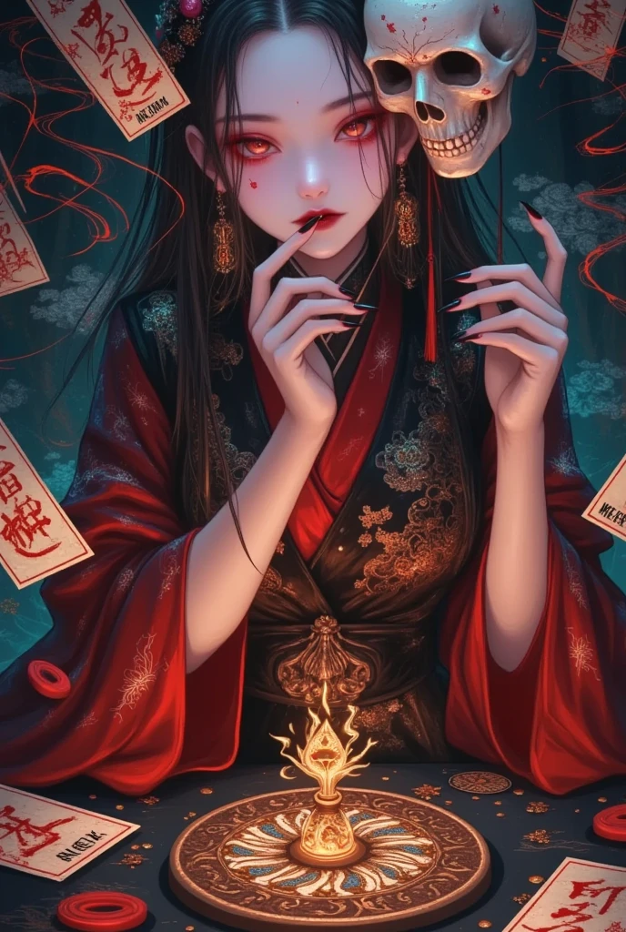  Beautiful Onmyoji  ，  Half Human Half Devil  ，Strange smile  ，   Strange Chinese Bride  ，Chinese Aesthetics ，  Mask on Her Hand   ，Spells，Magic Circle，   array tarot cards ，triangle hat  ，  Skull Headwear，Red Cape ， Inca Land  ，    Beautiful Necromancer Girl Gouache  , Anime Art Wallpaper 4K, Anime Art Wallpaper 4K