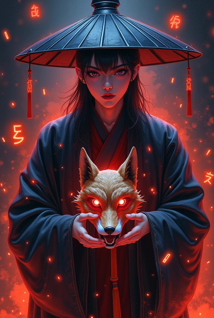   Art Illustration， colored pencil drawing  ： The  , teeth， ANIMATED COMICS  ，Qing Dynasty， OFFICIAL SERVICE ，Official hat，black，Holding a fox mask， orange runes floating in the air ，  glowing blue symbol  ， , Dark Energy, Dark Shadows,  gloomy lighting ,  dark red and purple tones , 