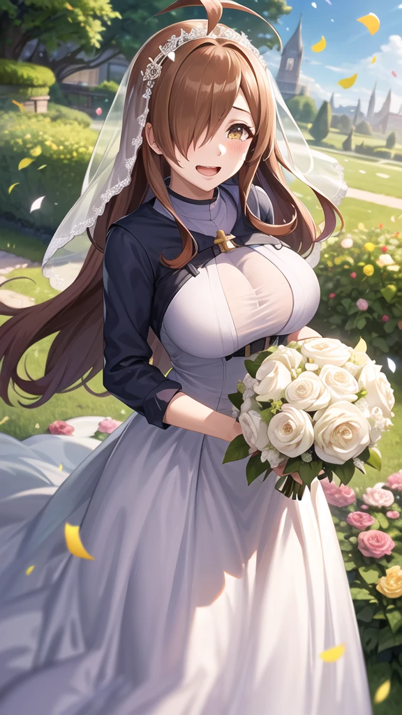 masterpiece, best quality, highres, 1girl, aawiz, long hair, ahoge, hair over one eye, large breasts, wedding dress, bridal veil, garden, holding bouquet, standing, cowboy shot, smile, tears, open mouth, confetti,