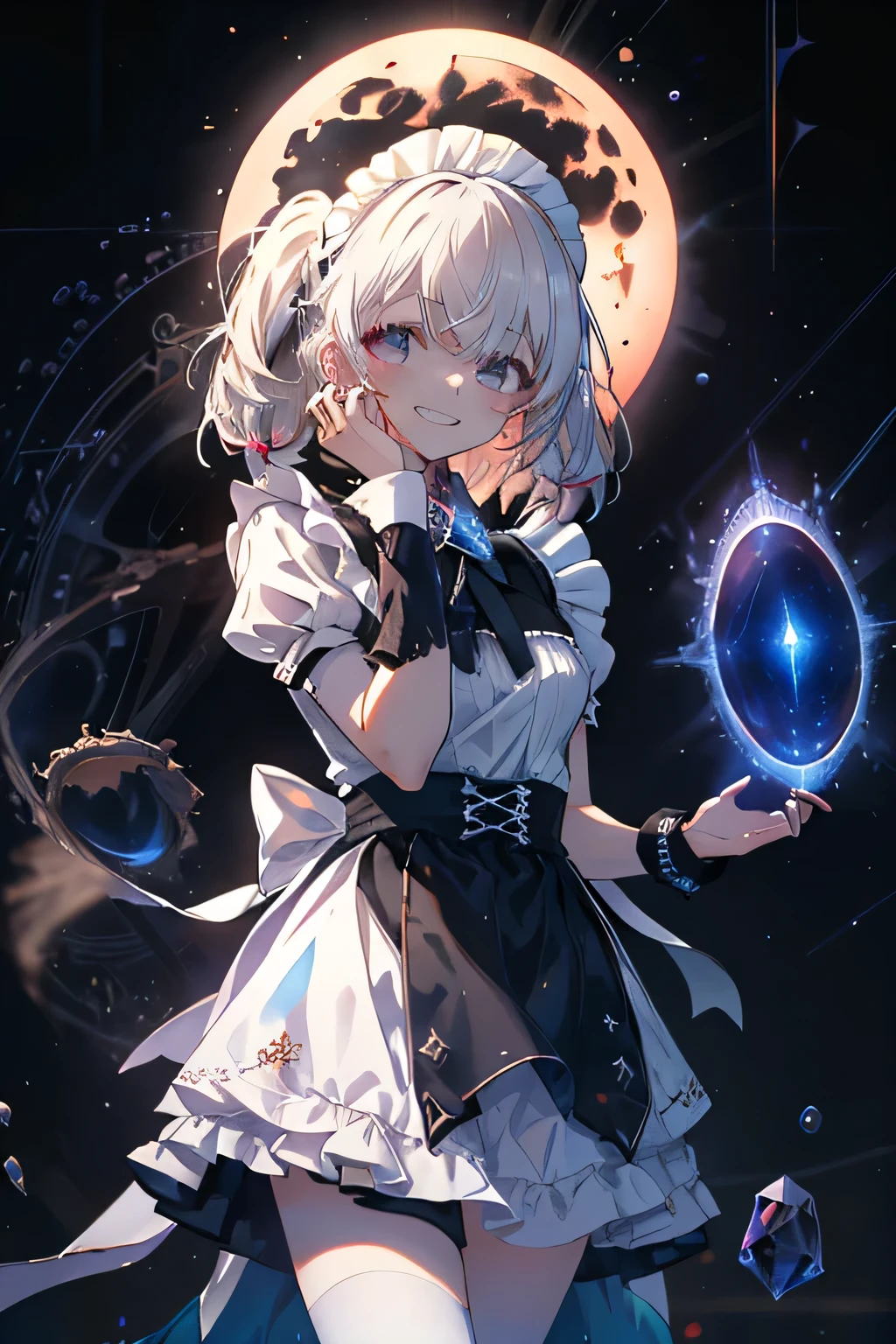 maid with headpiece girl smiling  (Showing the teeth),(aura), Black spot that wants to engulf it(Right behind her ), unknown background , (8 dimensions ), ( with a portal in the sky ),Cosmic Essence ,  the Sun is very radiant and with a strong breeze, The hands are almost hologram ,  the girl appears as a hologram , blood, Maid constellation, algorithms 