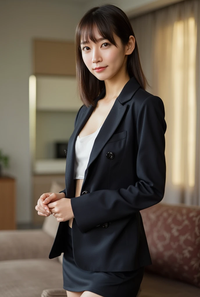 small breast, slender, Japan 40 years old, woman, beautiful face, Are thin, skirt suit, Hotel, highest quality, ultra high resolution, (realism: 1.4), Depth of bounds written, beautiful face, (Pueros face_v1: 0.8), half body,bra, innocent smile, natural makeup, model pose,