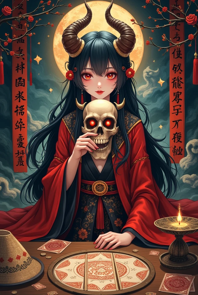  Beautiful Onmyoji  ，  Half Human Half Devil  ，Strange smile  ，   Strange Chinese Bride  ，Chinese Aesthetics ，  Mask on Her Hand   ，Spells，Magic Circle，   array tarot cards ，triangle hat  ，  Skull Headwear，Red Cape ， Inca Land  ，    Beautiful Necromancer Girl Gouache  , Anime Art Wallpaper 4K, Anime Art Wallpaper 4K