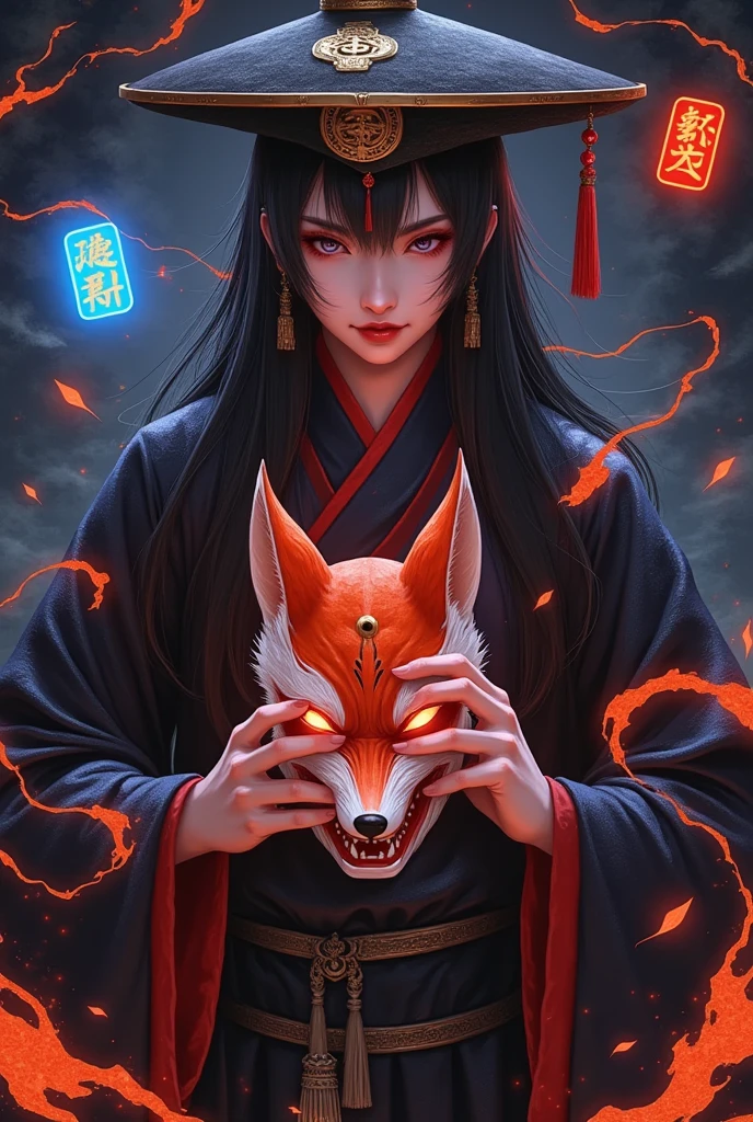   Art Illustration， colored pencil drawing  ： The  , teeth， ANIMATED COMICS  ，Qing Dynasty， OFFICIAL SERVICE ，Official hat，black，Holding a fox mask， orange runes floating in the air ，  glowing blue symbol  ， , Dark Energy, Dark Shadows,  gloomy lighting ,  dark red and purple tones , 