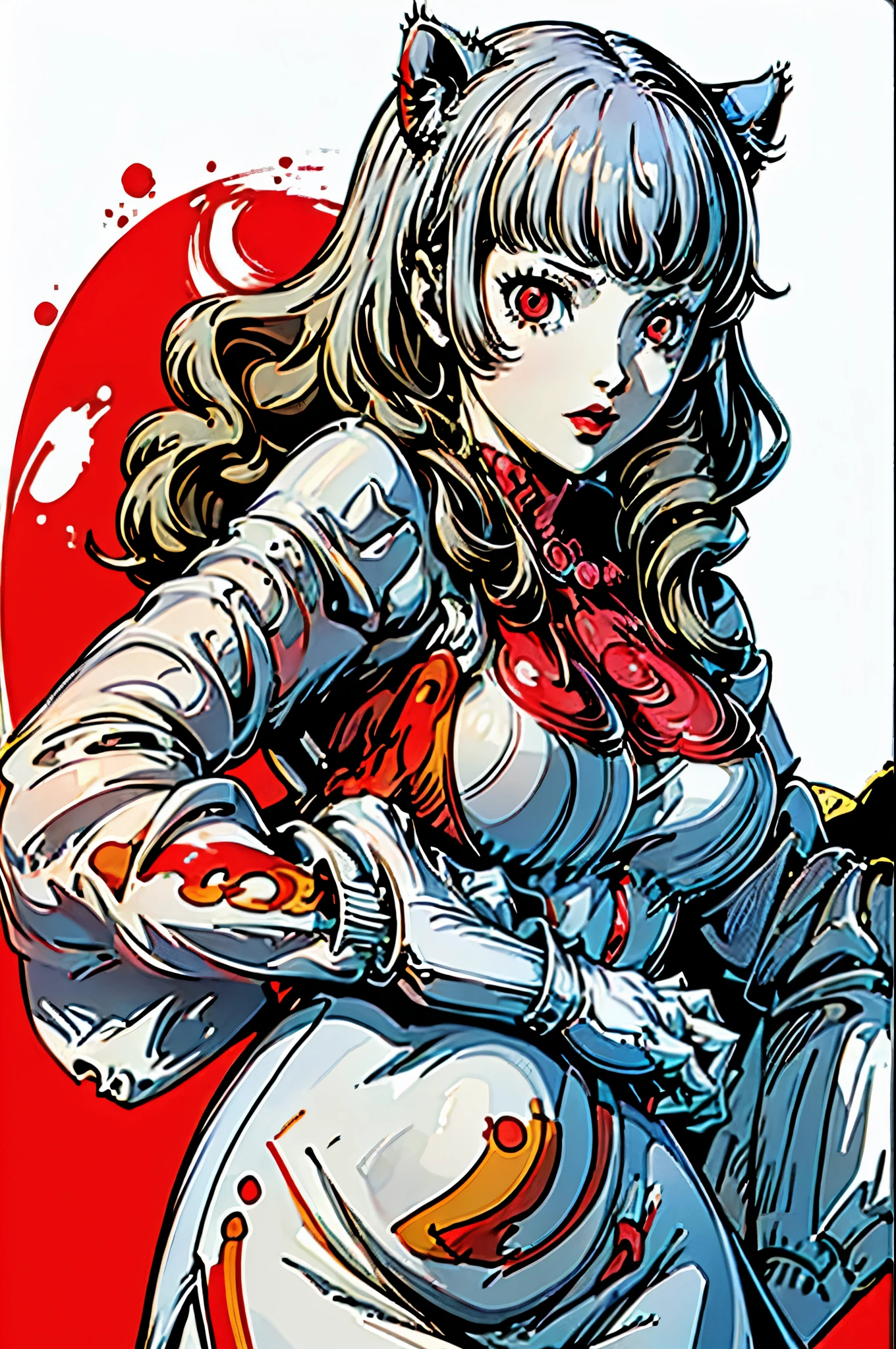 red_negro_white,( masterpiece , of the highest quality :1.3), 1 woman junkotvv, cat ears, cel shading, bold outline, flat color, Sharp shadow, Graphic style, (manga influence), beautiful lines drawing , (striking images),