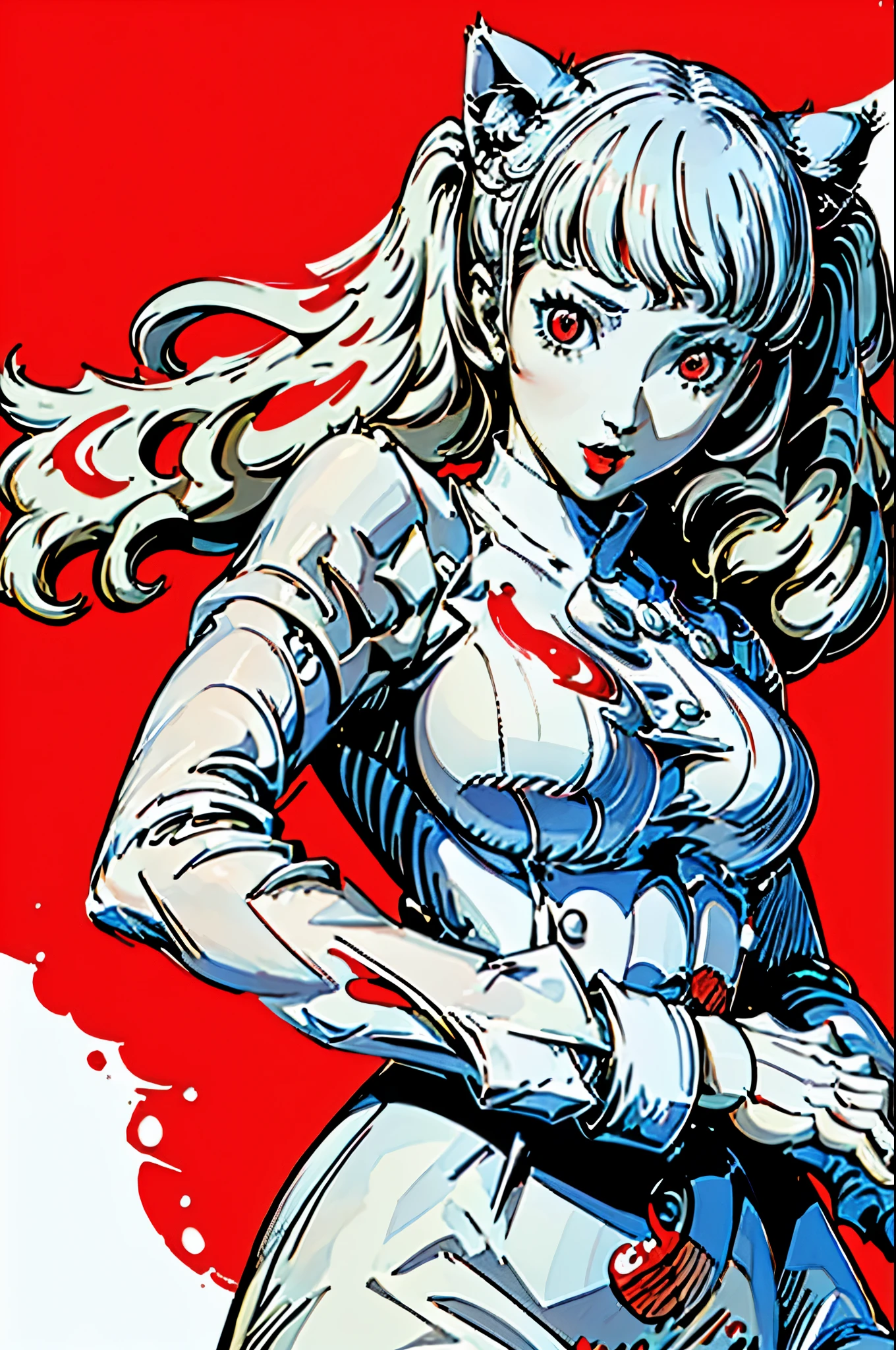 red_negro_white,( masterpiece , of the highest quality :1.3), 1 woman junkotvv, cat ears, cel shading, bold outline, flat color, Sharp shadow, Graphic style, (manga influence), beautiful lines drawing , (striking images),