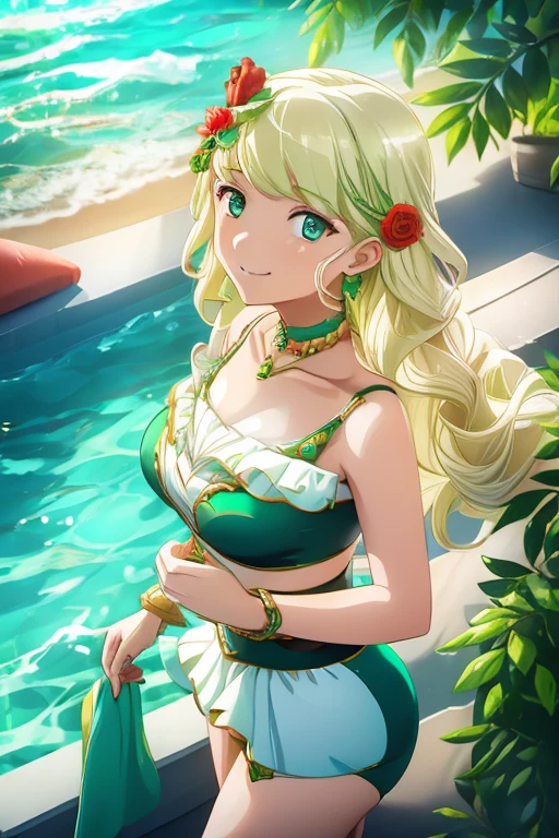 ((Best Quality)), ((masterpiece)), ( Details),  1 girl, Light blonde, Emerald Green_eye, smile, Sister, Right Hand _Red Rose,Hair ornament, chest,  swimsuit