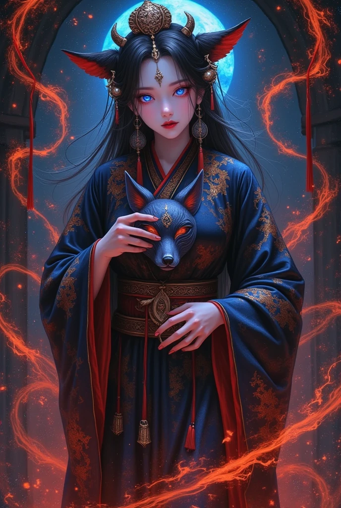   Art Illustration， colored pencil drawing  ： Chinese Mythology，Daji vixen，Banshee，Qing Dynasty， OFFICIAL SERVICE ，Official hat，black，Holding a fox mask， orange runes floating in the air ，  glowing blue symbol  ， , Dark Energy, Dark Shadows,  gloomy lighting ,  dark red and purple tones , 