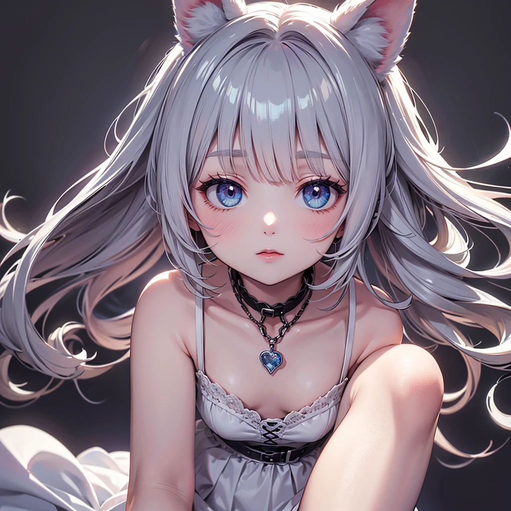 silver hair, dog ears, white dress,wavy hair,delicate features quiet gaze,beautiful half body illustration,beautiful backgraund,atmospheric lighting,sharp focus,cute face,reduce saturation,fine detailed face,small nose and mouth,volumetric top lighting,bold line painting, soft shadow,1girl,solo,female focus,small breasts,flat tits,Lolita,short height,skinny girl,blue eyes,open legs,animal ears,
