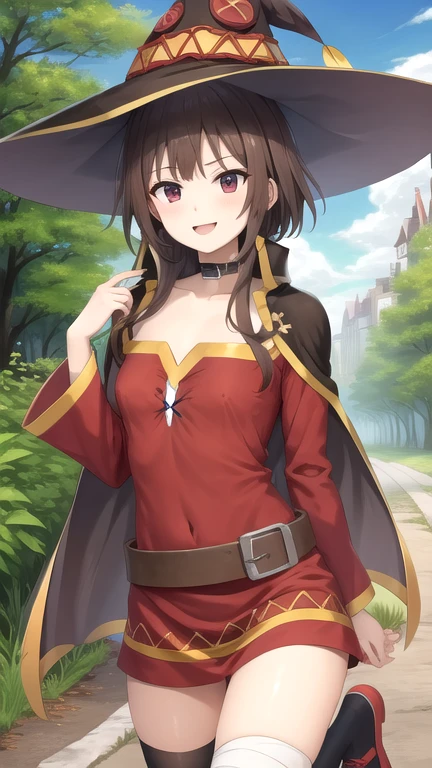 1girl, solo, red eyes, brown hair, short hair with long locks,
BREAK, collarbone, choker, asymmetrical legwear, long sleeves, mismatched legwear, cape, witch hat, bandaged leg, single thighhigh, red dress, belt, bare shoulders, collar, (covered erect nipples:1.1),
BREAK, smile,
BREAK, standing,
BREAK, (from front:1.1), looking at viewer, cowboy shot,
BREAK,  (forest, nature, dirt path:1.1), blue sky,
BREAK, (best quality:1.2), (ultra detailed, professional quality:1.1), detailed beautiful face, detailed beautiful eyes, Top quality, (masterpiece:1.2), high detail),