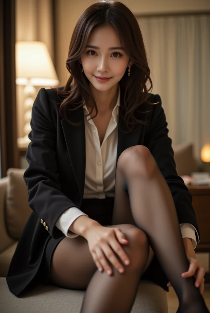 Pure Japanese young girl, outstanding body,  beautiful legs, wearing business suits, (pantyhose), high heels, vivid makeup, arranged black hair styles, lift up skirt, spread wide legs, sexual smile, professional portrait photography, sitting, 