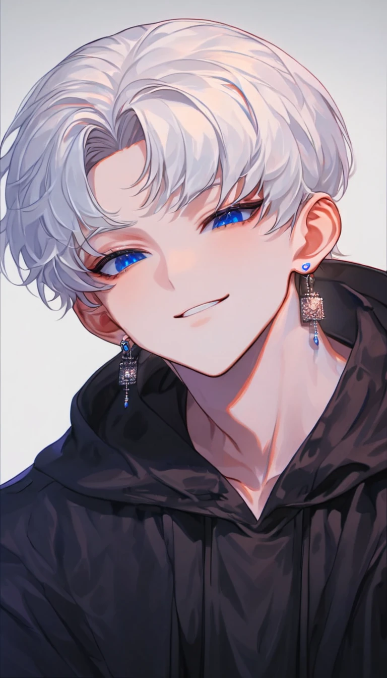 absurdres, highres, ultra detailed, HDR, master piece, best quality, extremely detailed face, delicated features, Jaehwan , White hair, short hair, no fringe, without bangs, handsome hair, cool blue eyes, The World After The Fall, Alone, sexy boy, Sensual, Young face, smirking, Private clothes in a black hoodie, cold, Transparent, black, Boyfriend, Pierce, earring, cute boy, Draw a large background, From the side, anime,  KPOP model ,  simple room, 4K