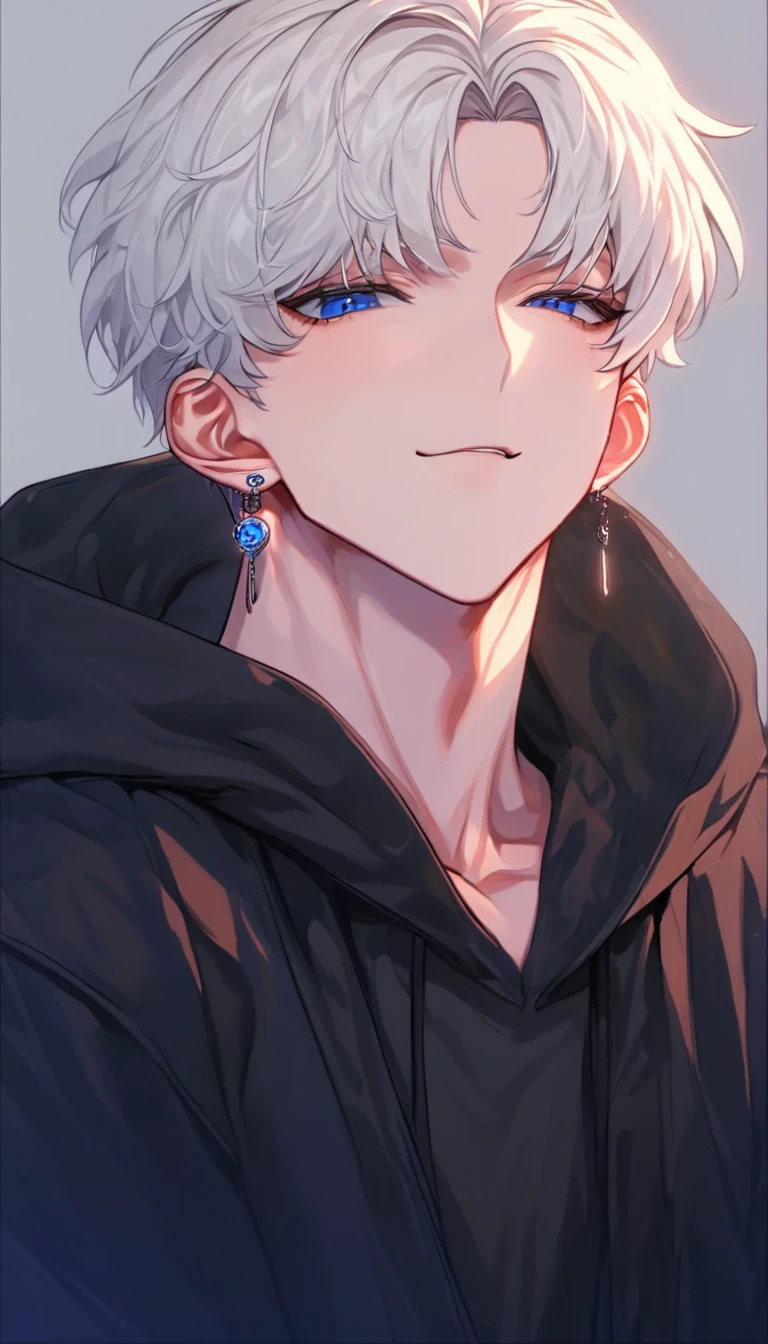 absurdres, highres, ultra detailed, HDR, master piece, best quality, extremely detailed face, delicated features, Jaehwan , White hair, short hair, no fringe, without bangs, handsome hair, cool blue eyes, The World After The Fall, Alone, sexy boy, Sensual, Young face, smirking, Private clothes in a black hoodie, cold, Transparent, black, Boyfriend, Pierce, earring, cute boy, Draw a large background, From the side, anime,  KPOP model ,  simple room, 4K