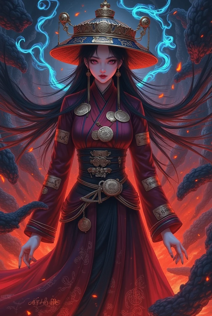   Art Illustration， colored pencil drawing  ： Chinese Mythology，Daji vixen，Banshee，Qing Dynasty， OFFICIAL SERVICE ，Official hat，black，Cover your body with label paper， orange runes floating in the air ，  glowing blue symbol  ， , Dark Energy, Dark Shadows,  gloomy lighting ,  dark red and purple tones , 