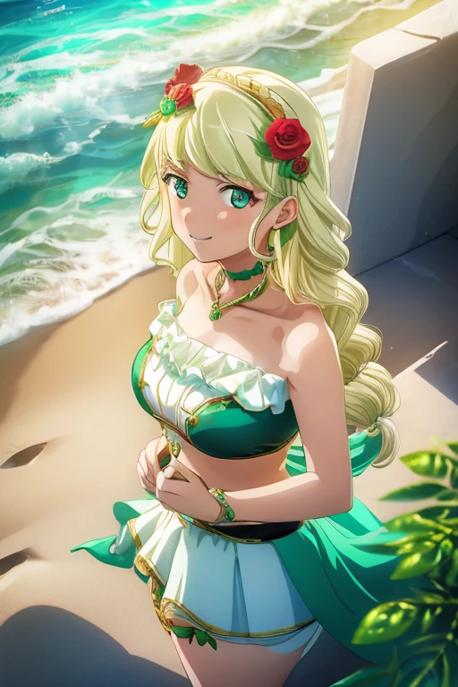 ((Best Quality)), ((masterpiece)), ( Details),  1 girl, Light blonde, Emerald Green_eye, smile, Sister, Right Hand _Red Rose,Hair ornament, chest,  swimsuit, bikini, Blushing