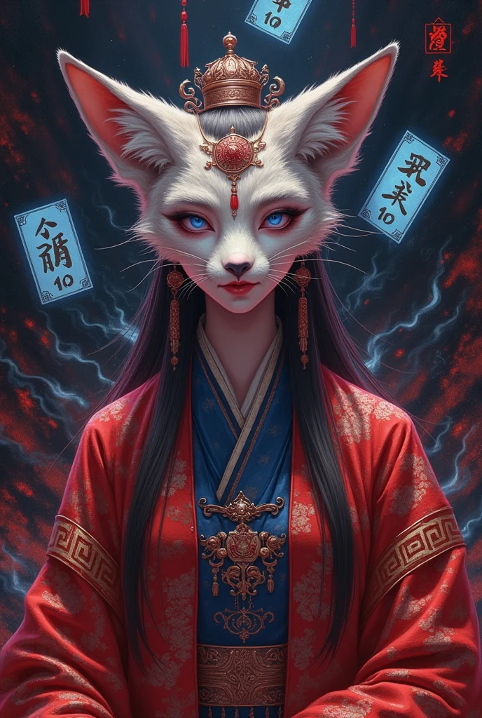   Art Illustration， colored pencil drawing  ： Chinese Mythology，Daji vixen，Banshee，Qing Dynasty， OFFICIAL SERVICE ，black，The hair is decorated with a fox headdress，Cover your body with label paper， orange runes floating in the air ，  glowing blue symbol  ， , Dark Energy, Dark Shadows,  gloomy lighting ,  dark red and purple tones , 